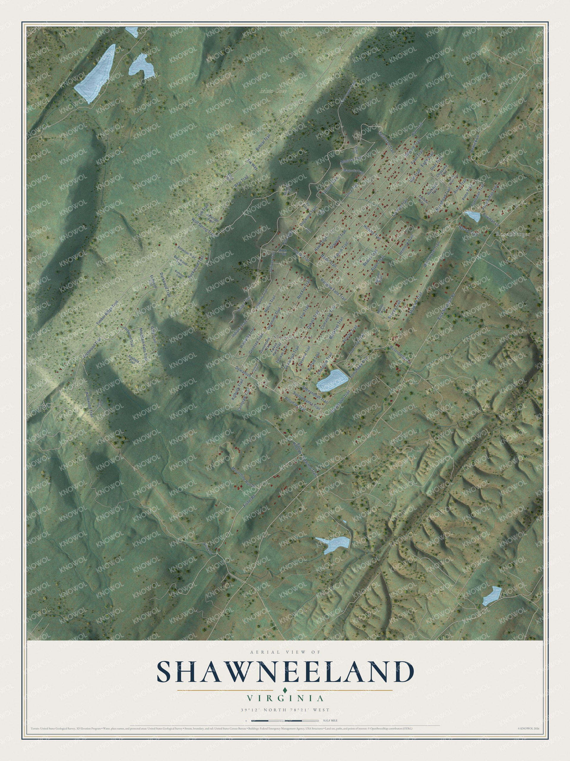 Full map of Shawneeland, Virginia, with red buildings, printed street names and the land around them