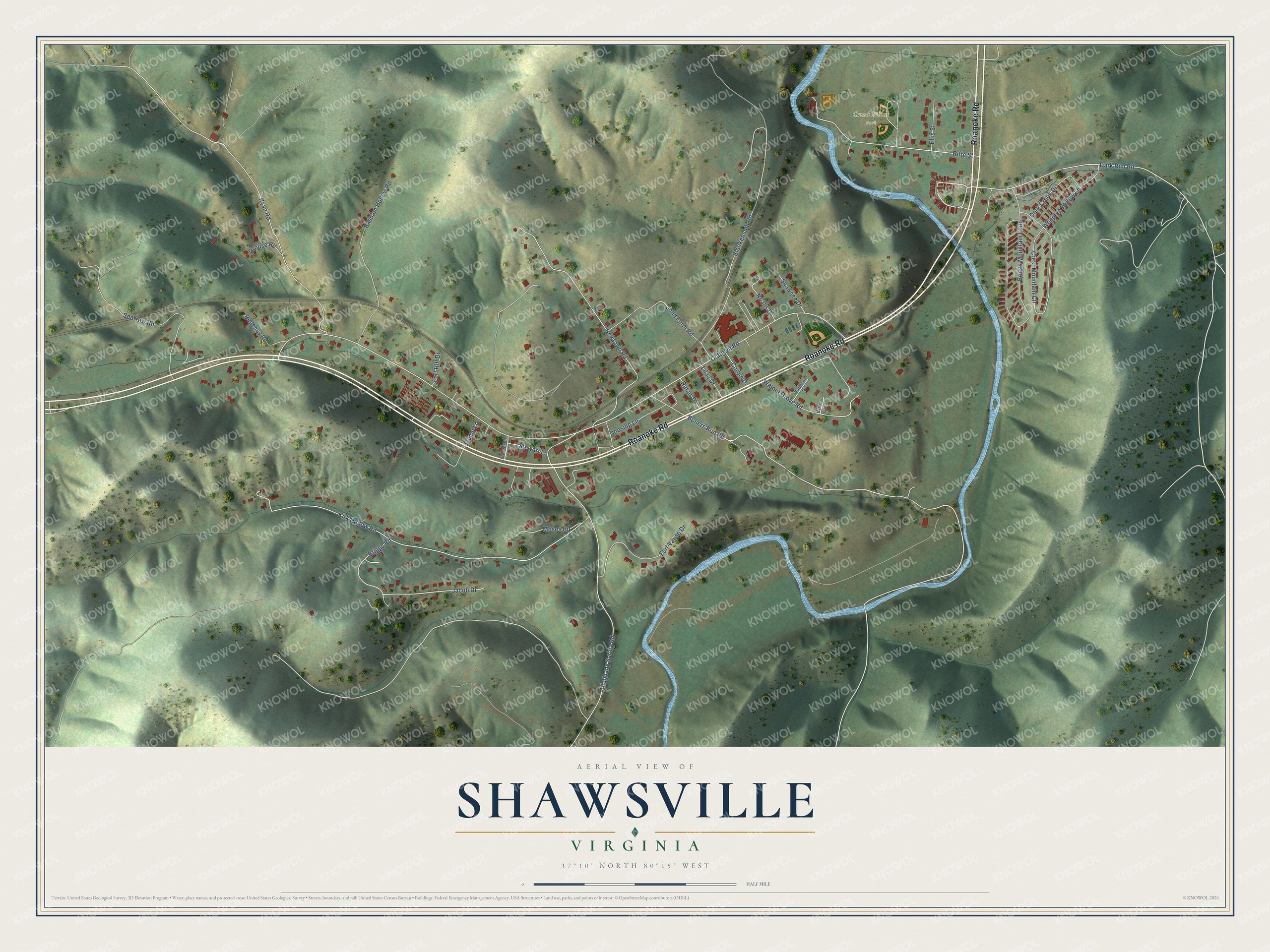 Full map of Shawsville, Virginia, with red buildings, printed street names and the land around them