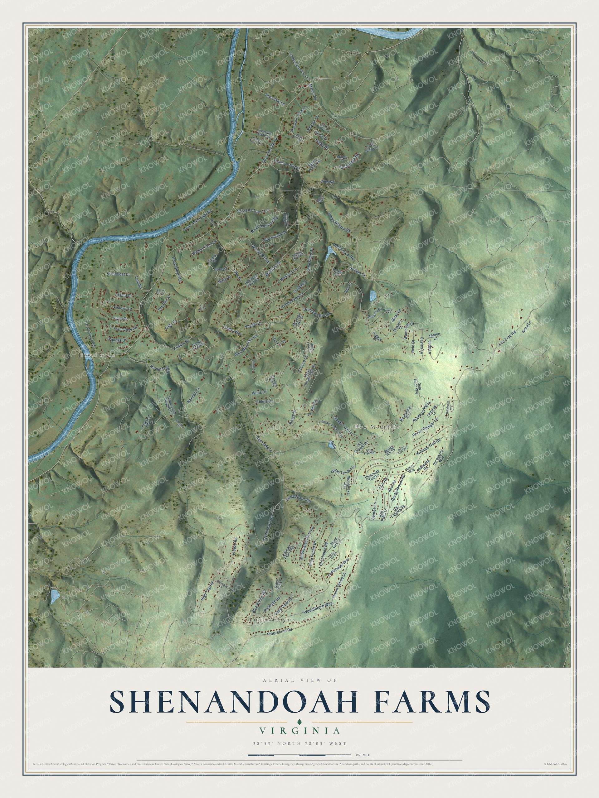 Full map of Shenandoah Farms, Virginia, with red buildings, printed street names and the land around them
