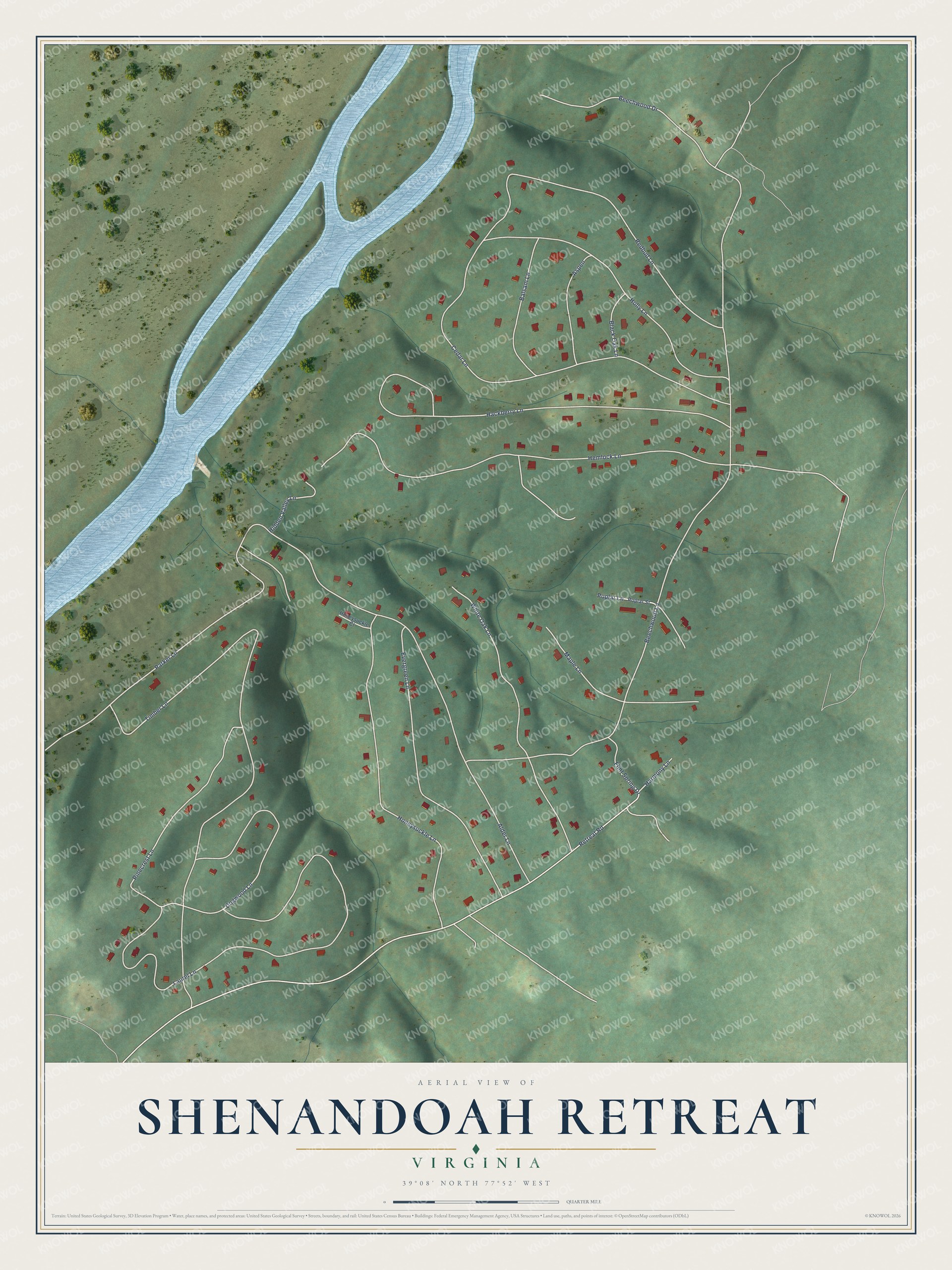 Full map of Shenandoah Retreat, Virginia, with red buildings, printed street names and the land around them