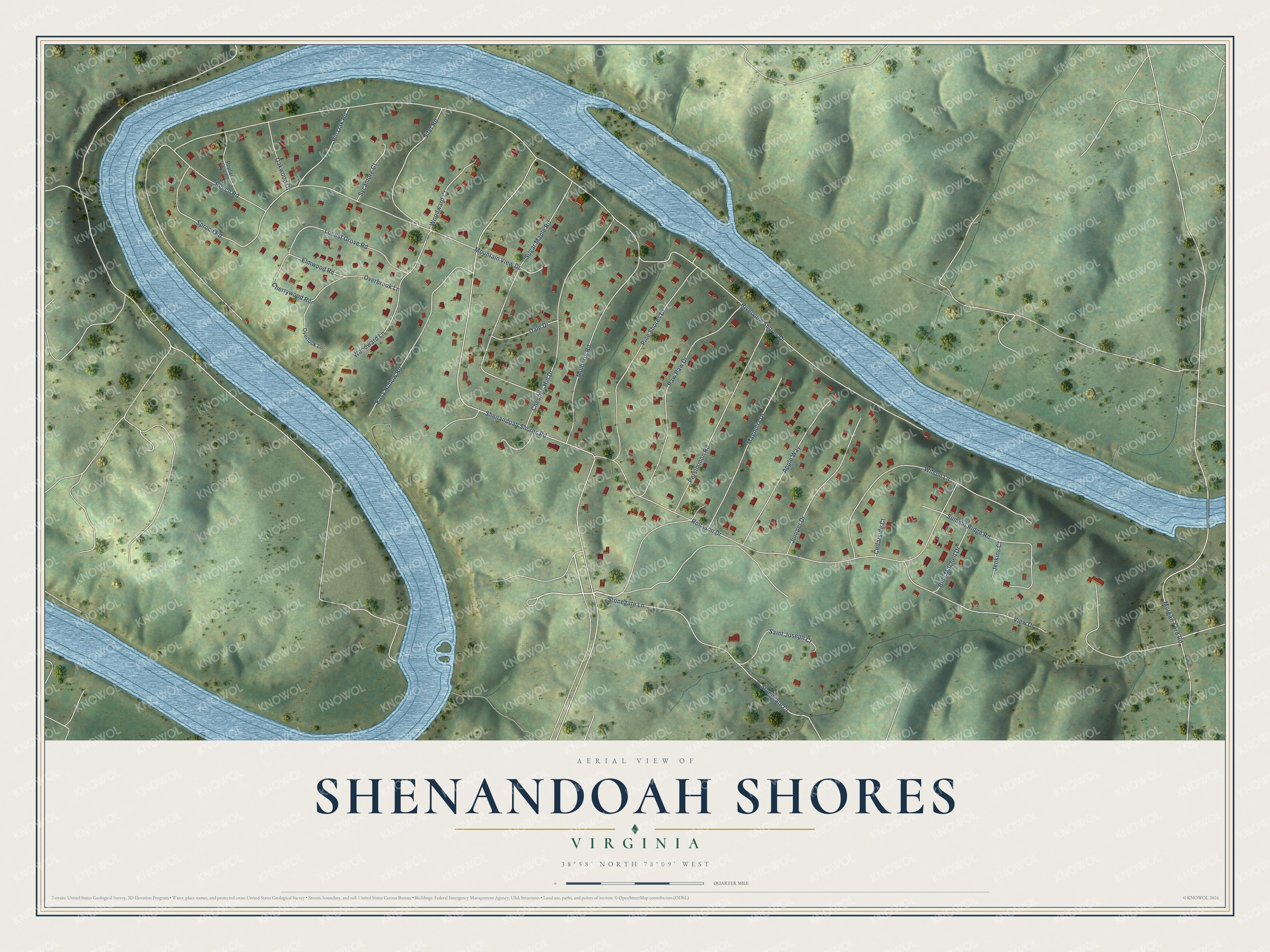 Full map of Shenandoah Shores, Virginia, with red buildings, printed street names and the land around them