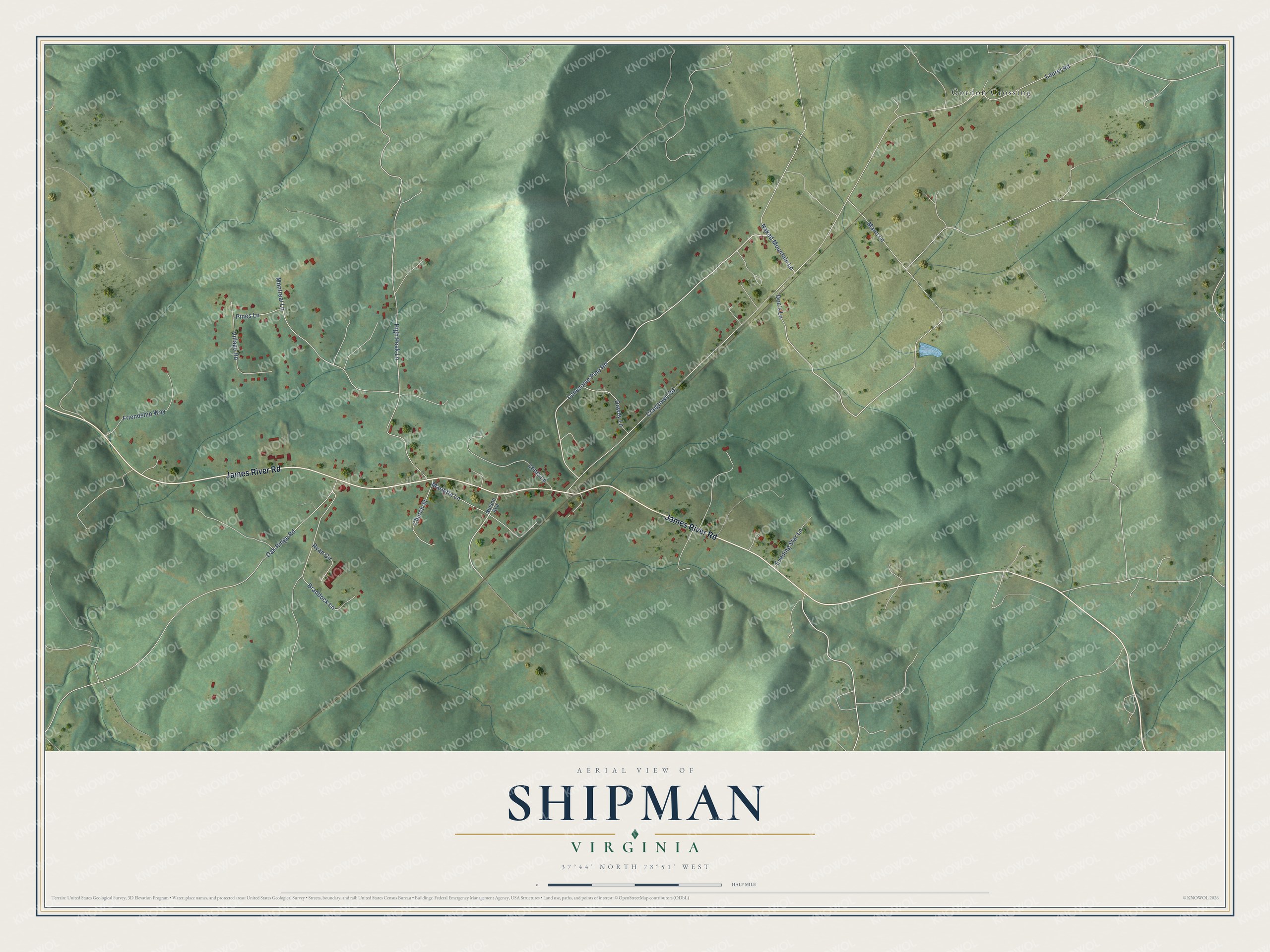Full map of Shipman, Virginia, with red buildings, printed street names and the land around them