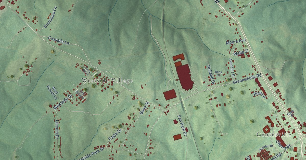 Close-up of streets and buildings in Sinai, Virginia