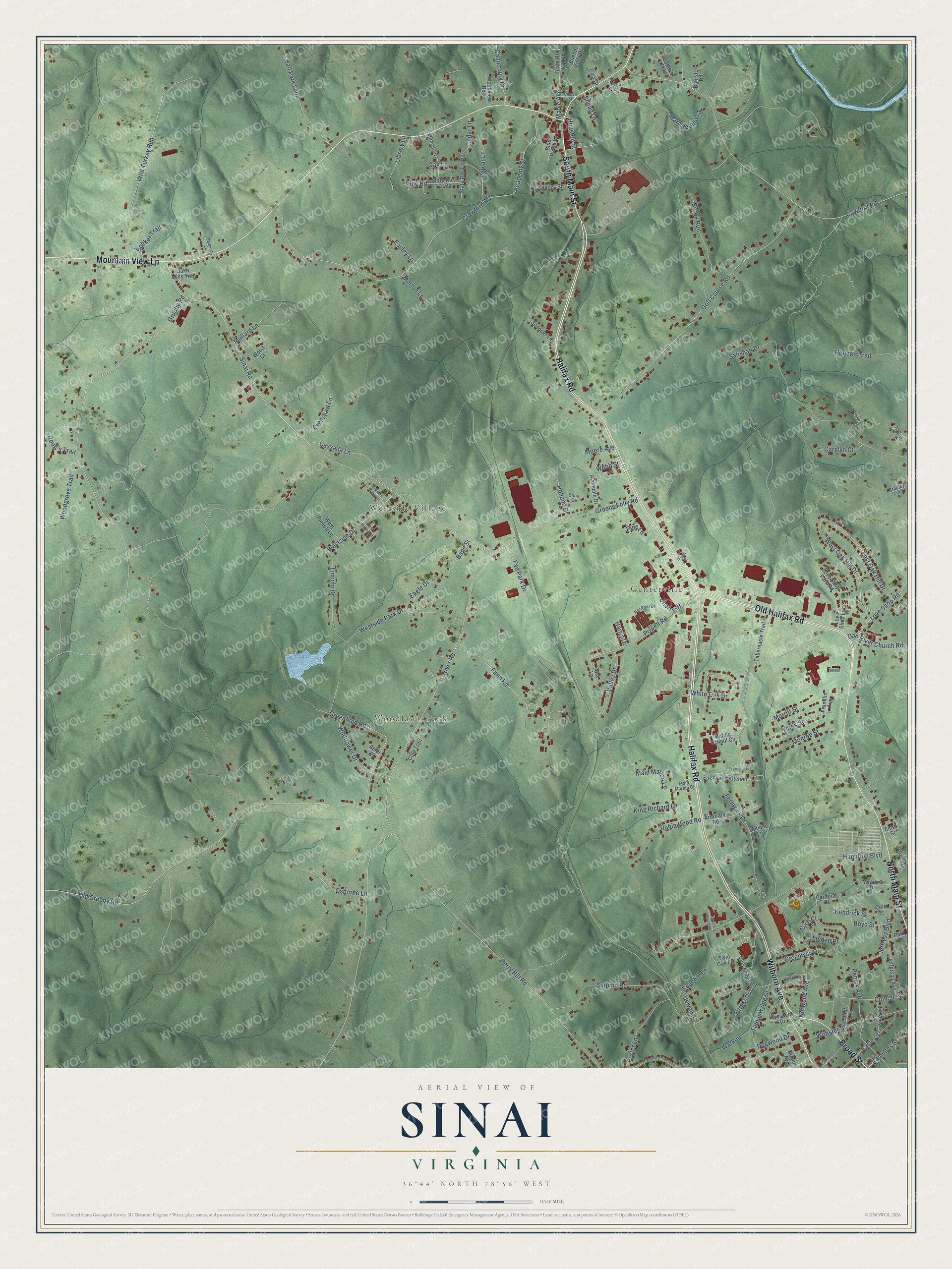 Full map of Sinai, Virginia, with red buildings, printed street names and the land around them