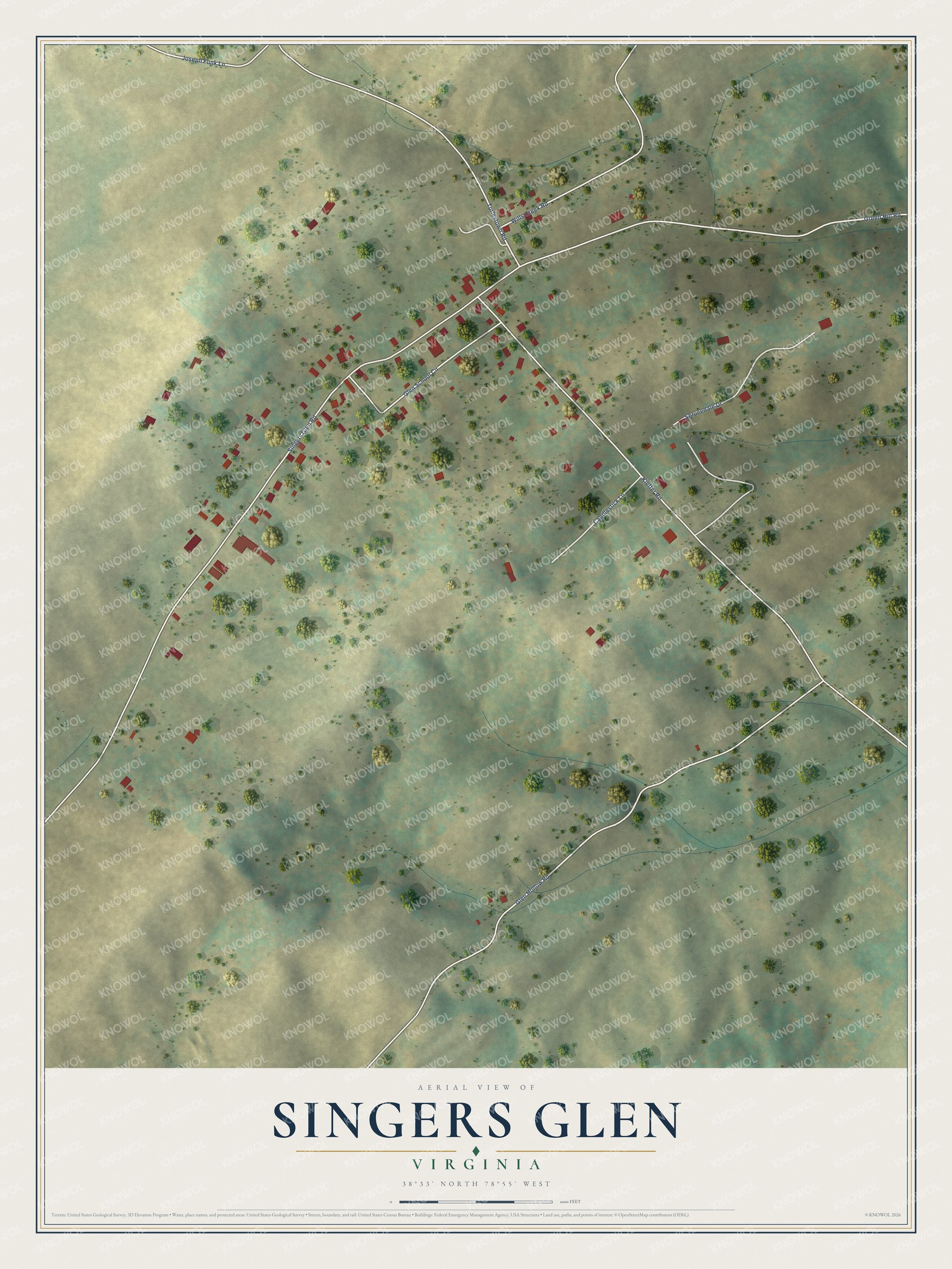 Full map of Singers Glen, Virginia, with red buildings, printed street names and the land around them