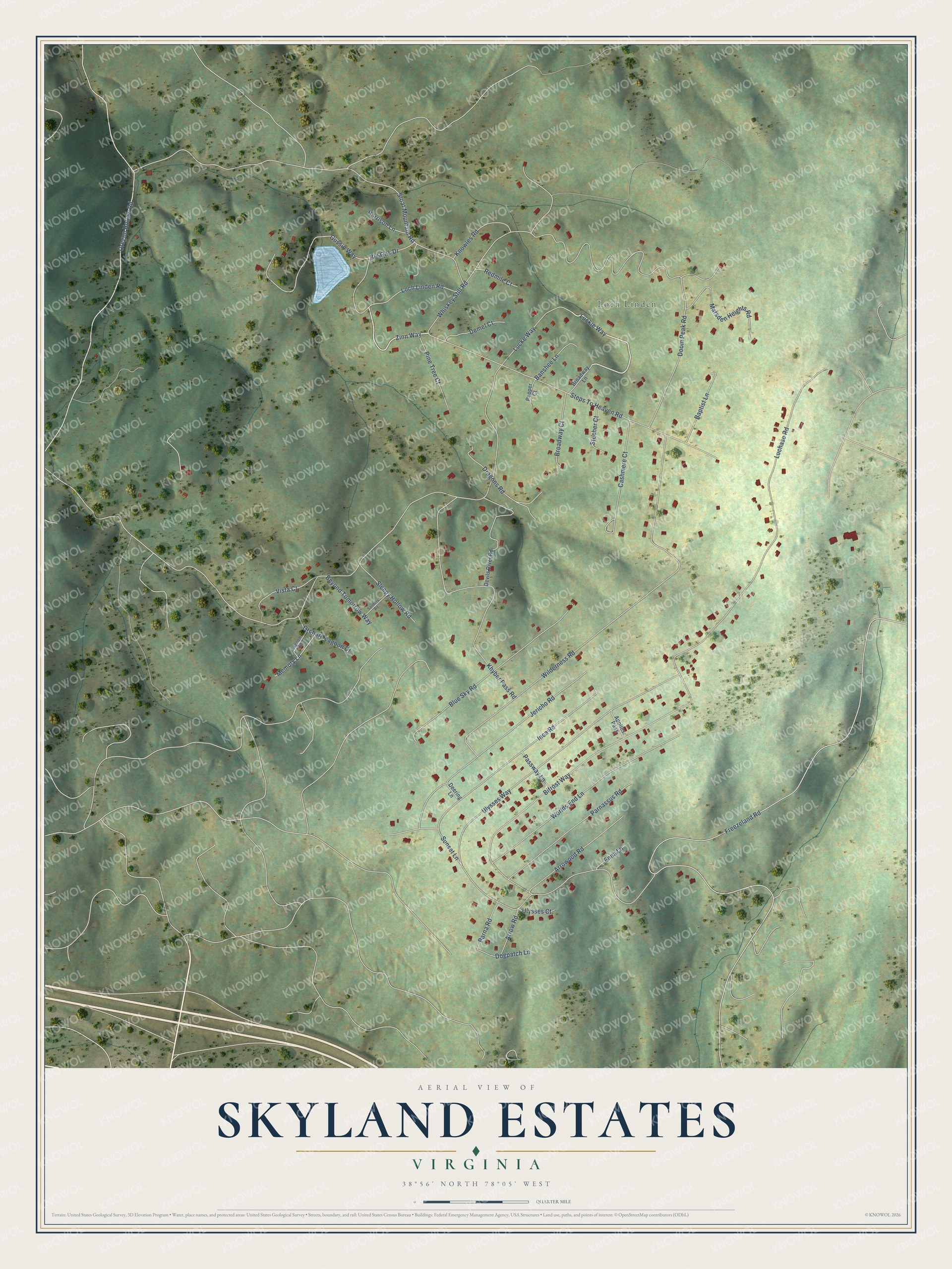 Full map of Skyland Estates, Virginia, with red buildings, printed street names and the land around them