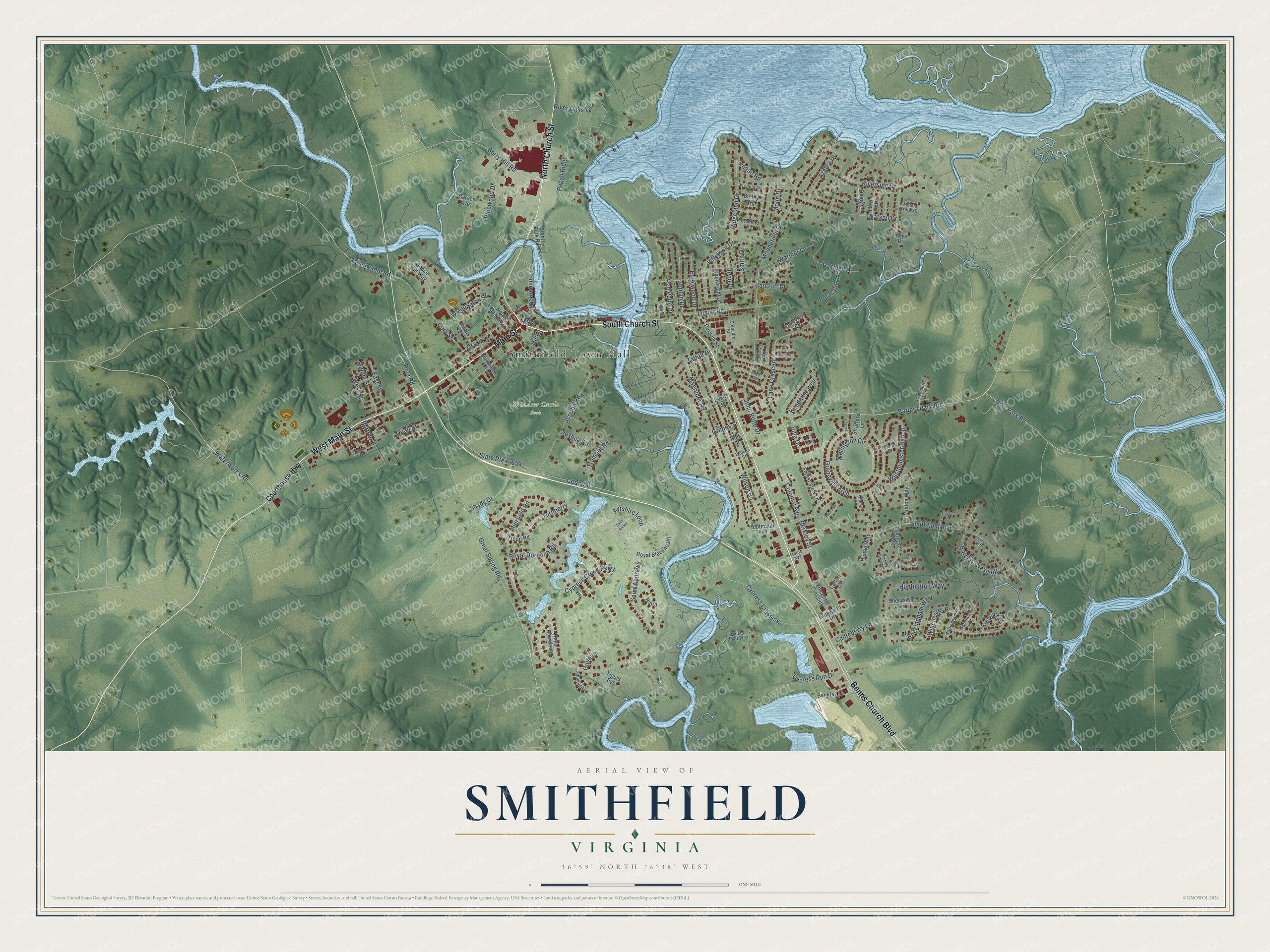 Full map of Smithfield, Virginia, with red buildings, printed street names and the land around them