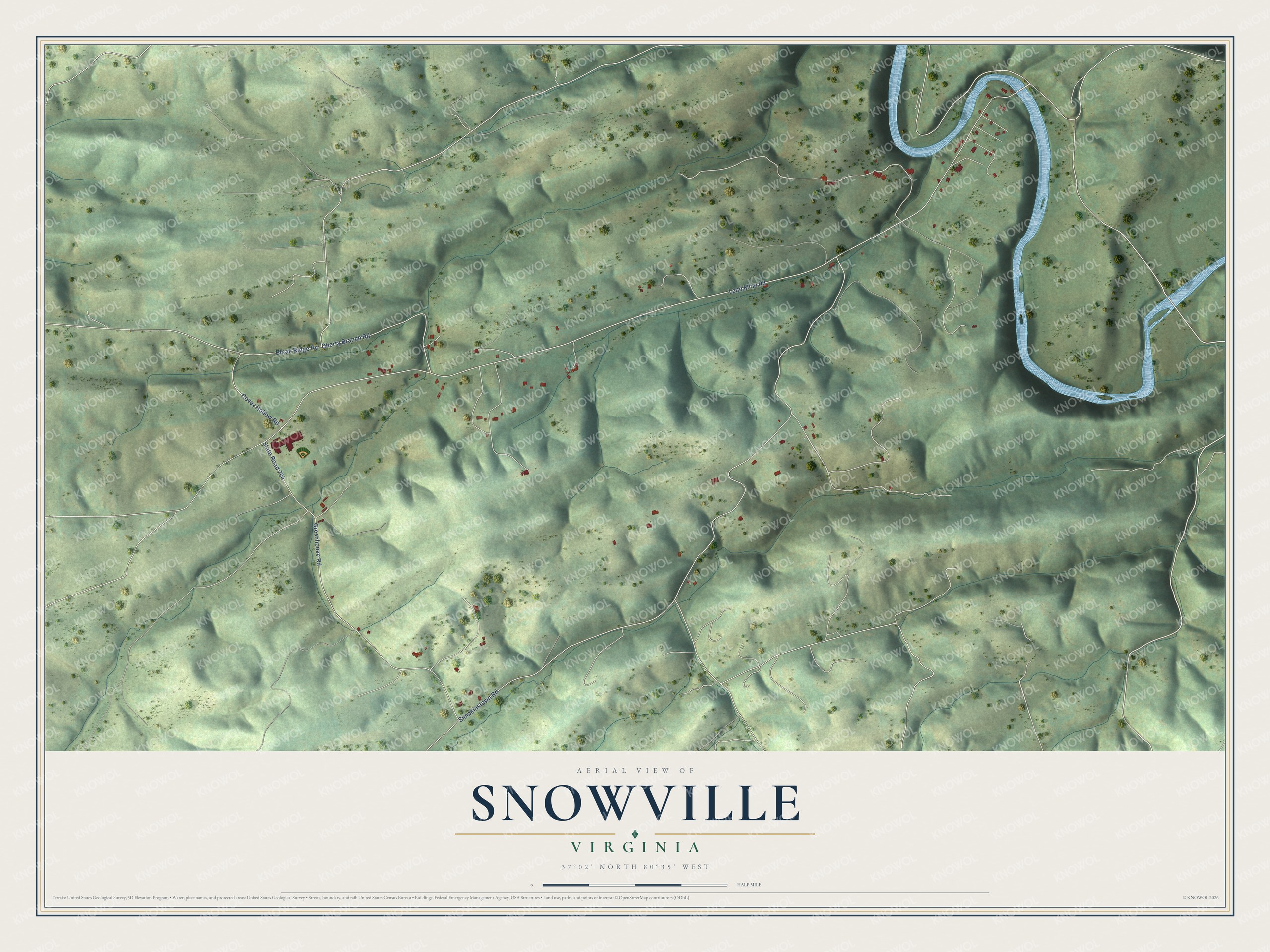 Full map of Snowville, Virginia, with red buildings, printed street names and the land around them
