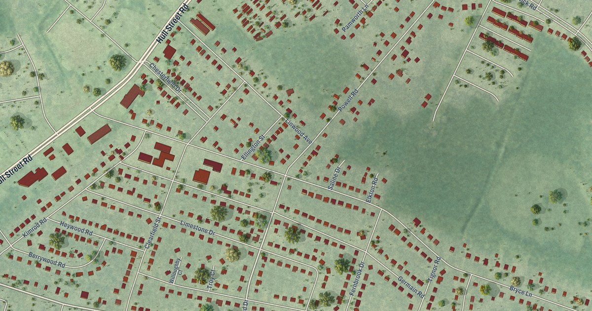 Close-up of streets and buildings in South Garden, Virginia