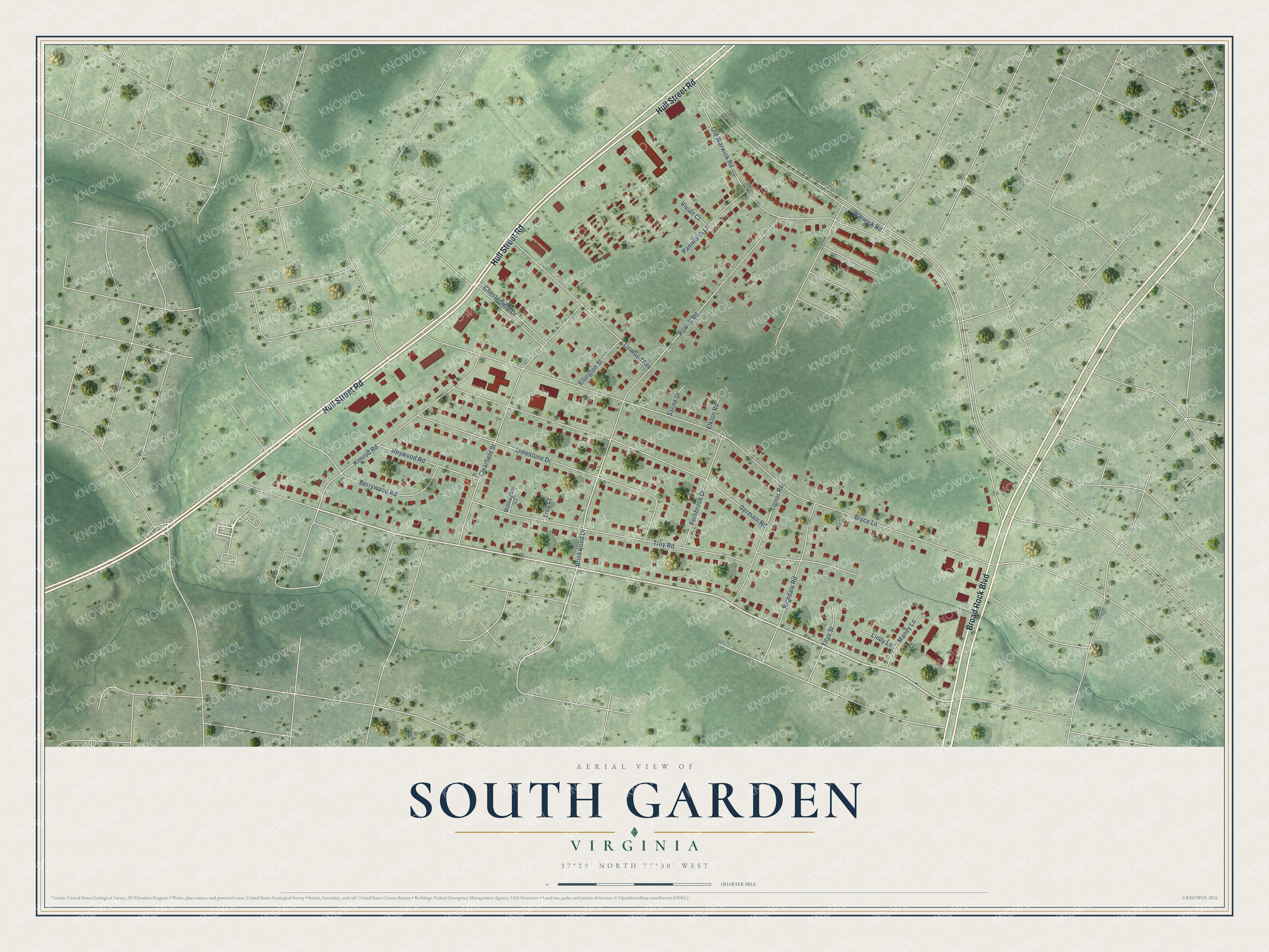 Full map of South Garden, Virginia, with red buildings, printed street names and the land around them