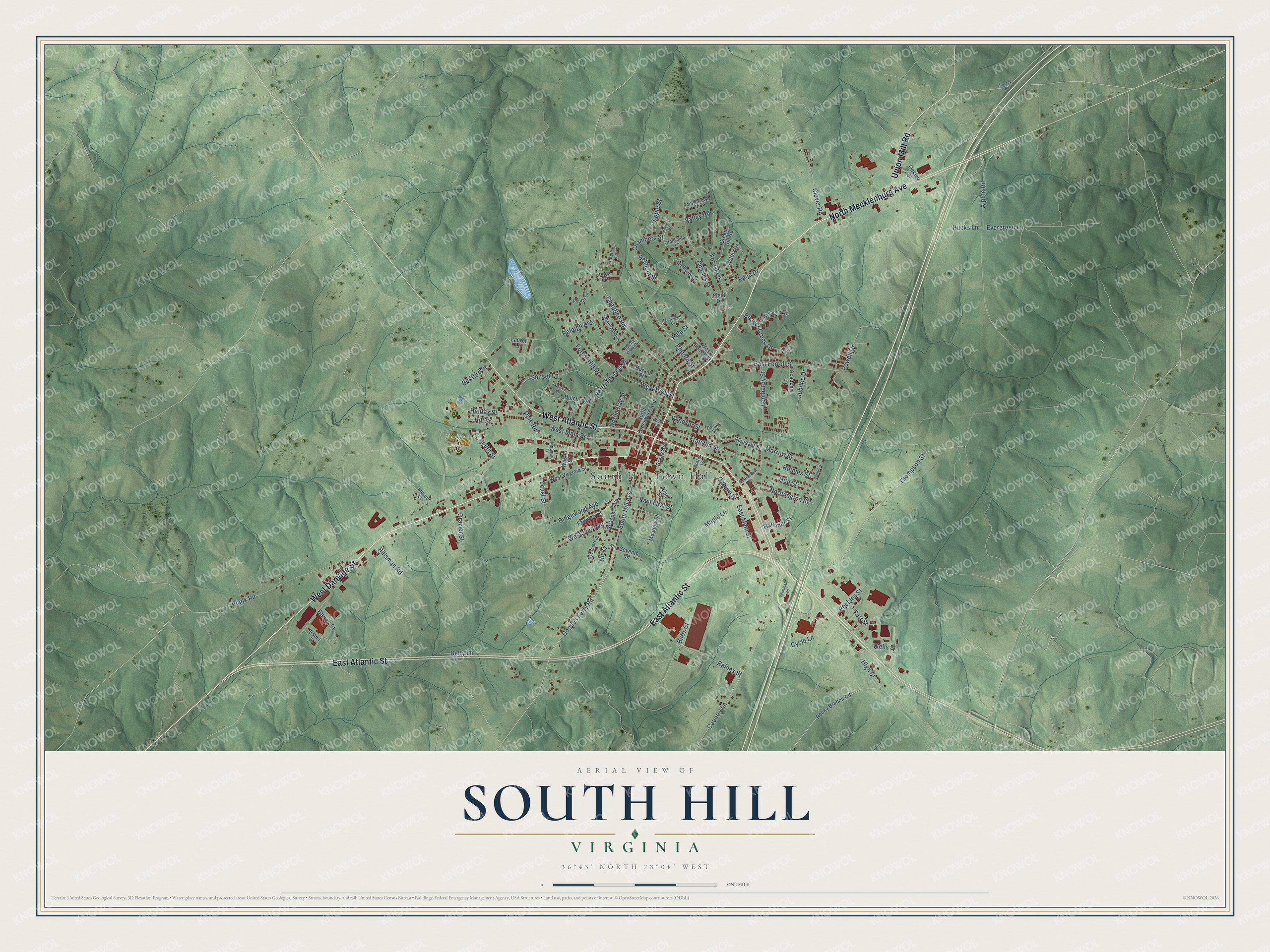 Full map of South Hill, Virginia, with red buildings, printed street names and the land around them