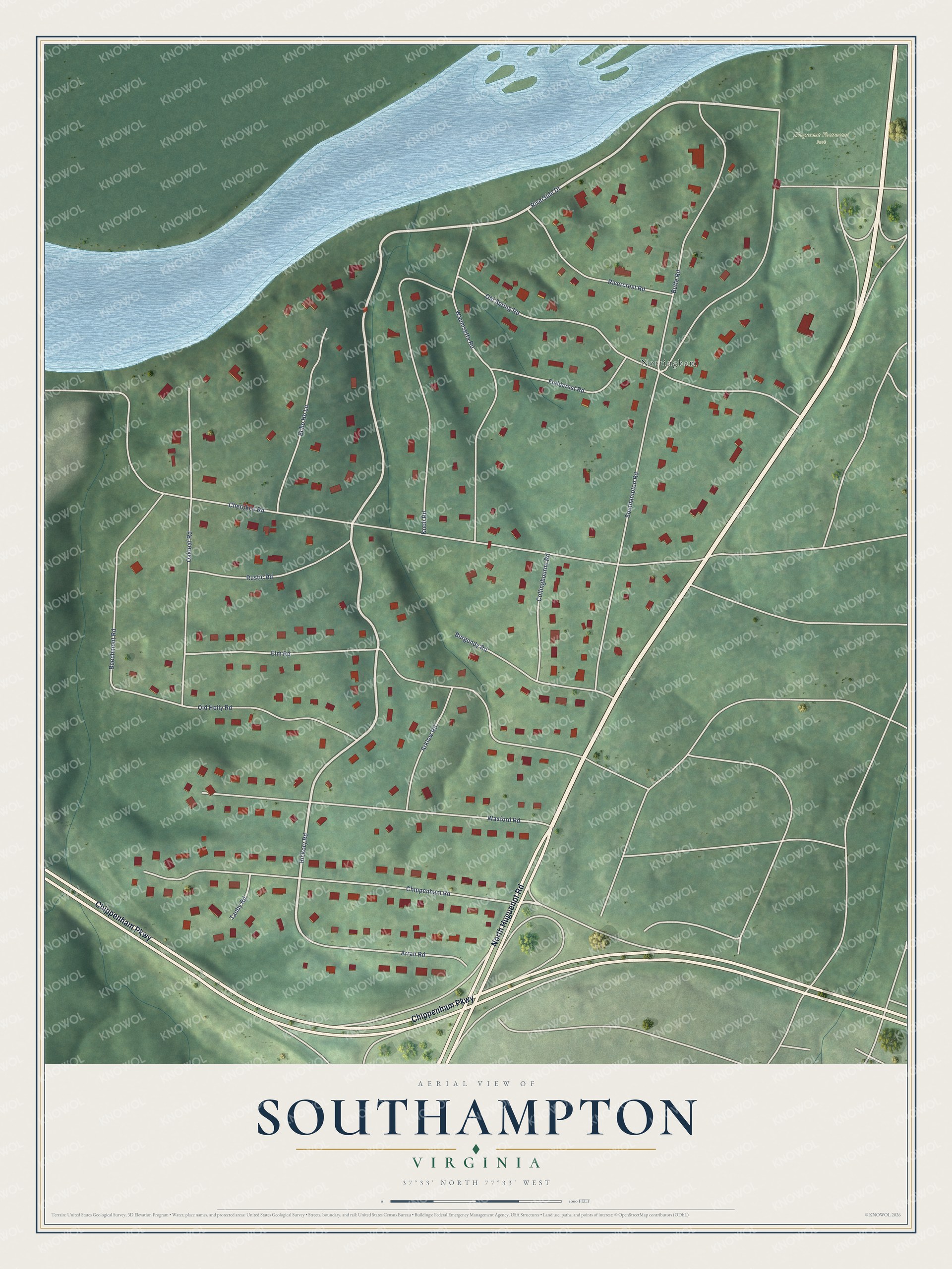Full map of Southampton, Virginia, with red buildings, printed street names and the land around them