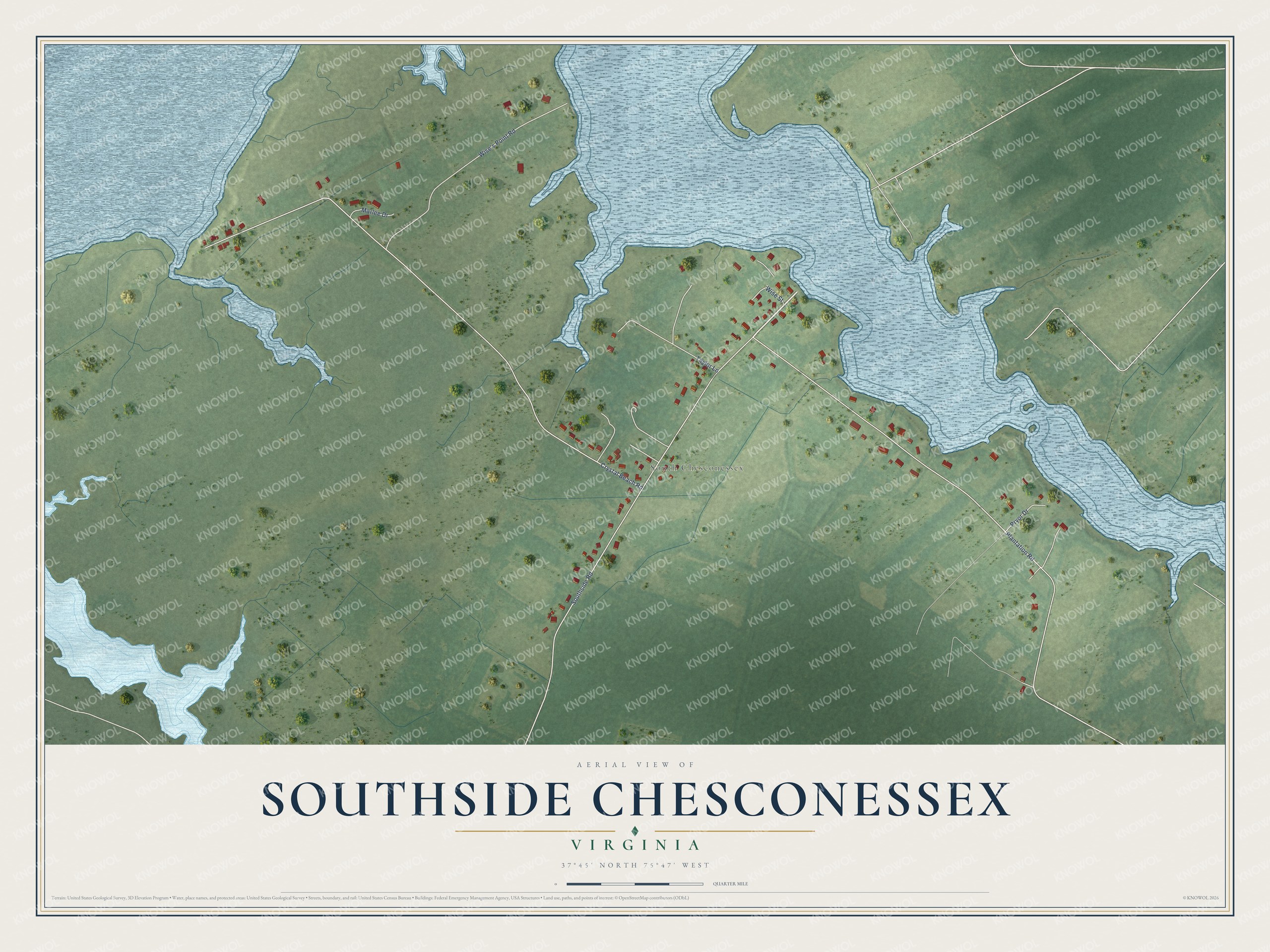 Full map of Southside Chesconessex, Virginia, with red buildings, printed street names and the land around them