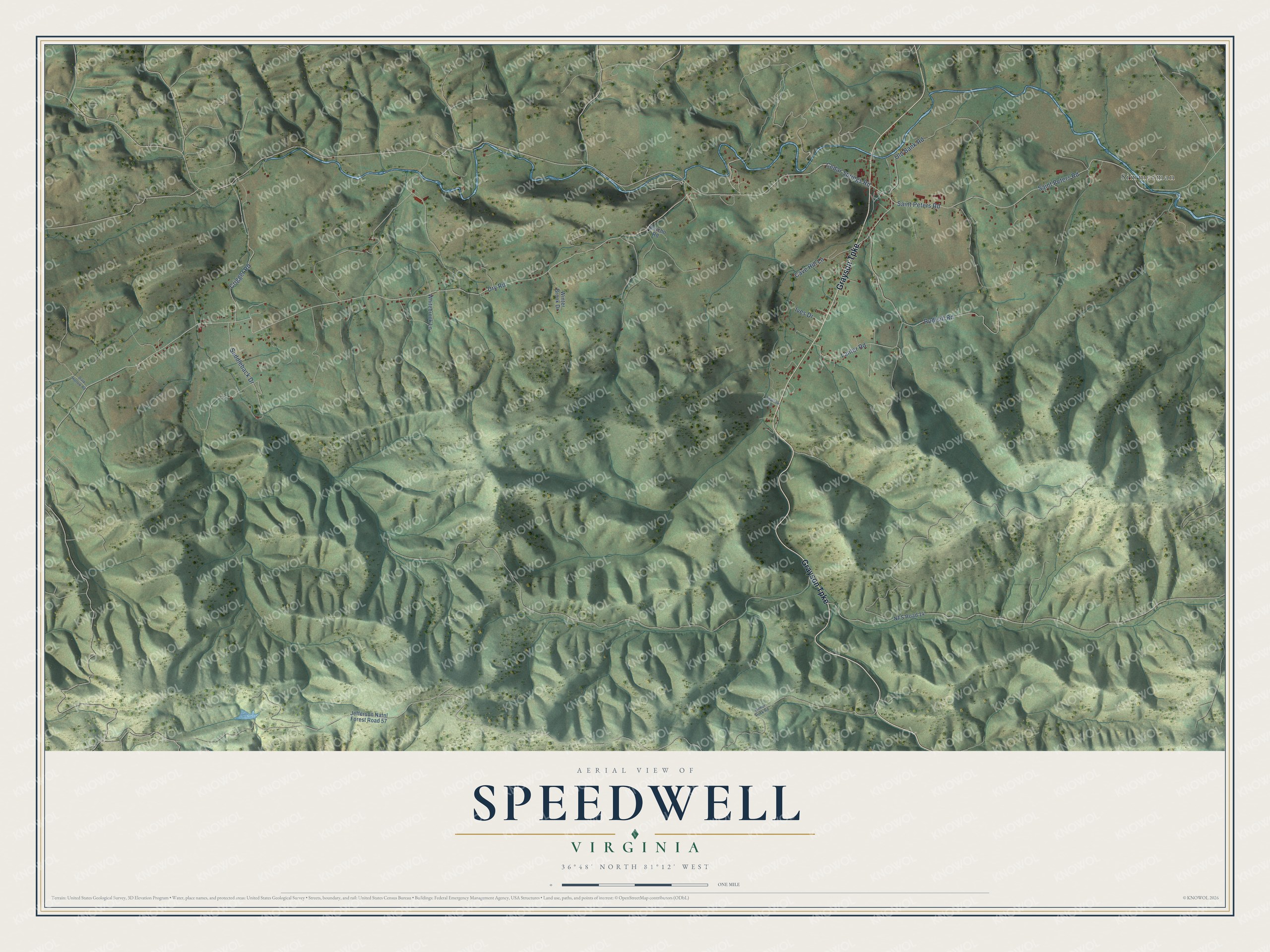 Full map of Speedwell, Virginia, with red buildings, printed street names and the land around them