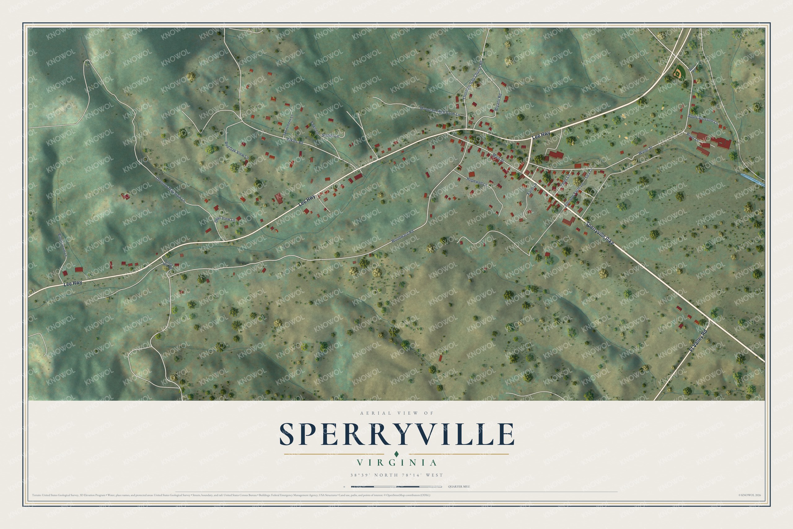 Full map of Sperryville, Virginia, with red buildings, printed street names and the land around them