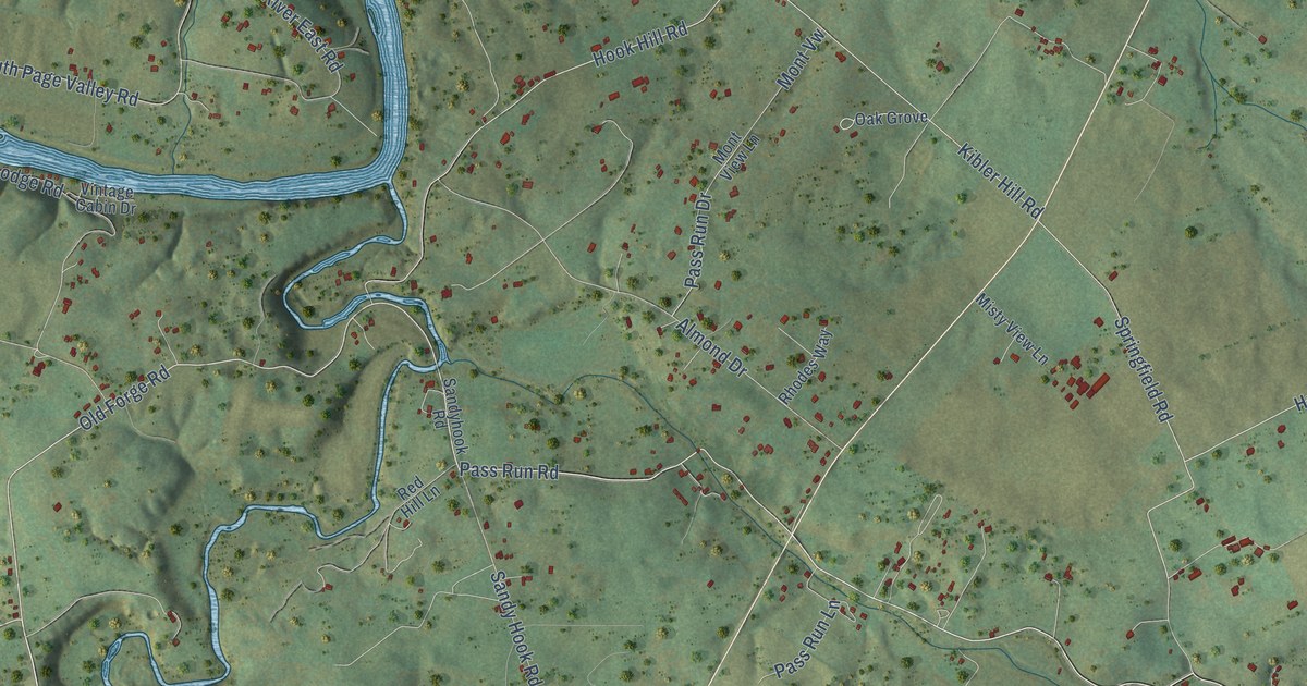 Close-up of streets and buildings in Springfield, Page County, Virginia