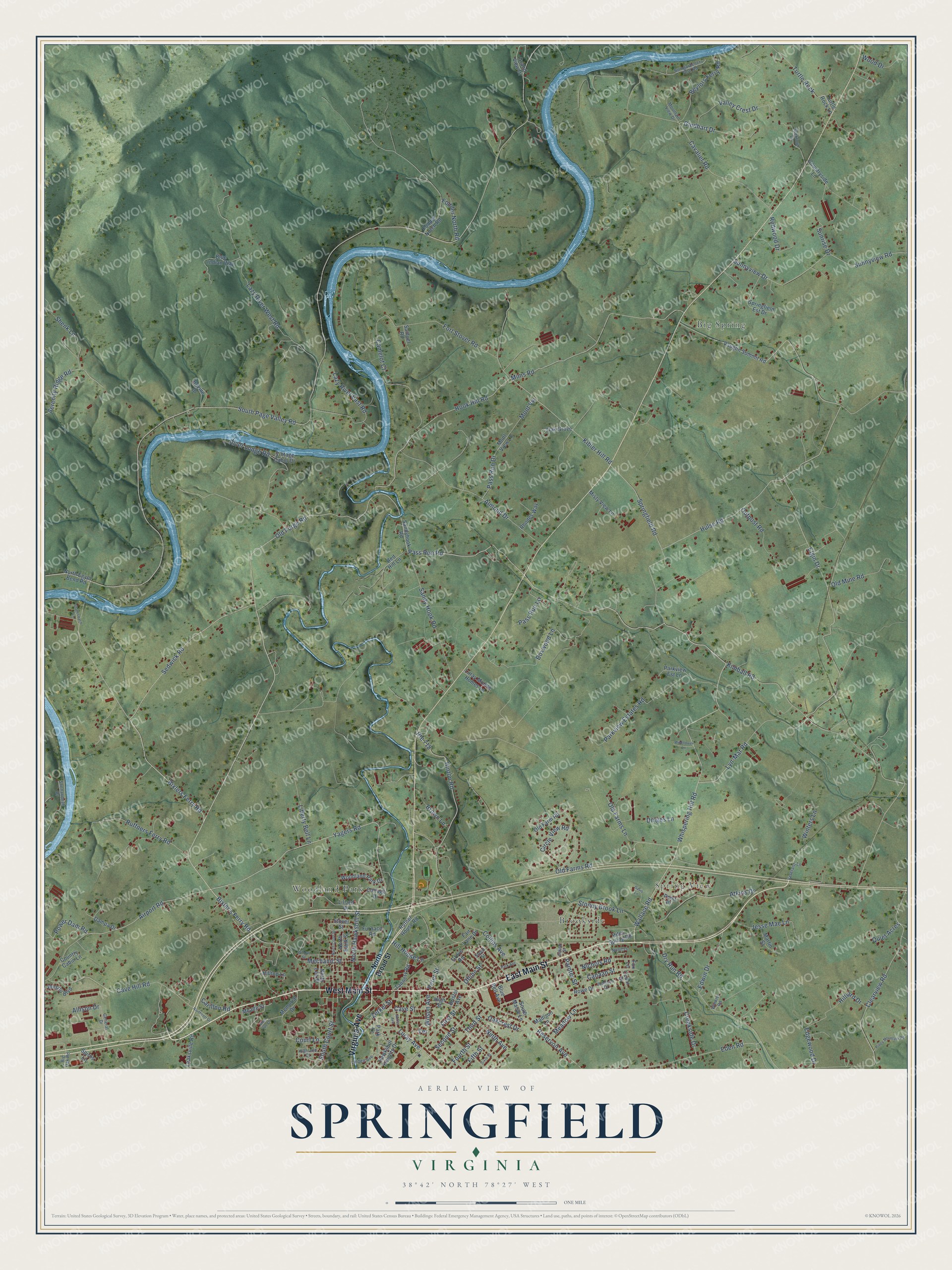 Full map of Springfield, Virginia, with red buildings, printed street names and the land around them