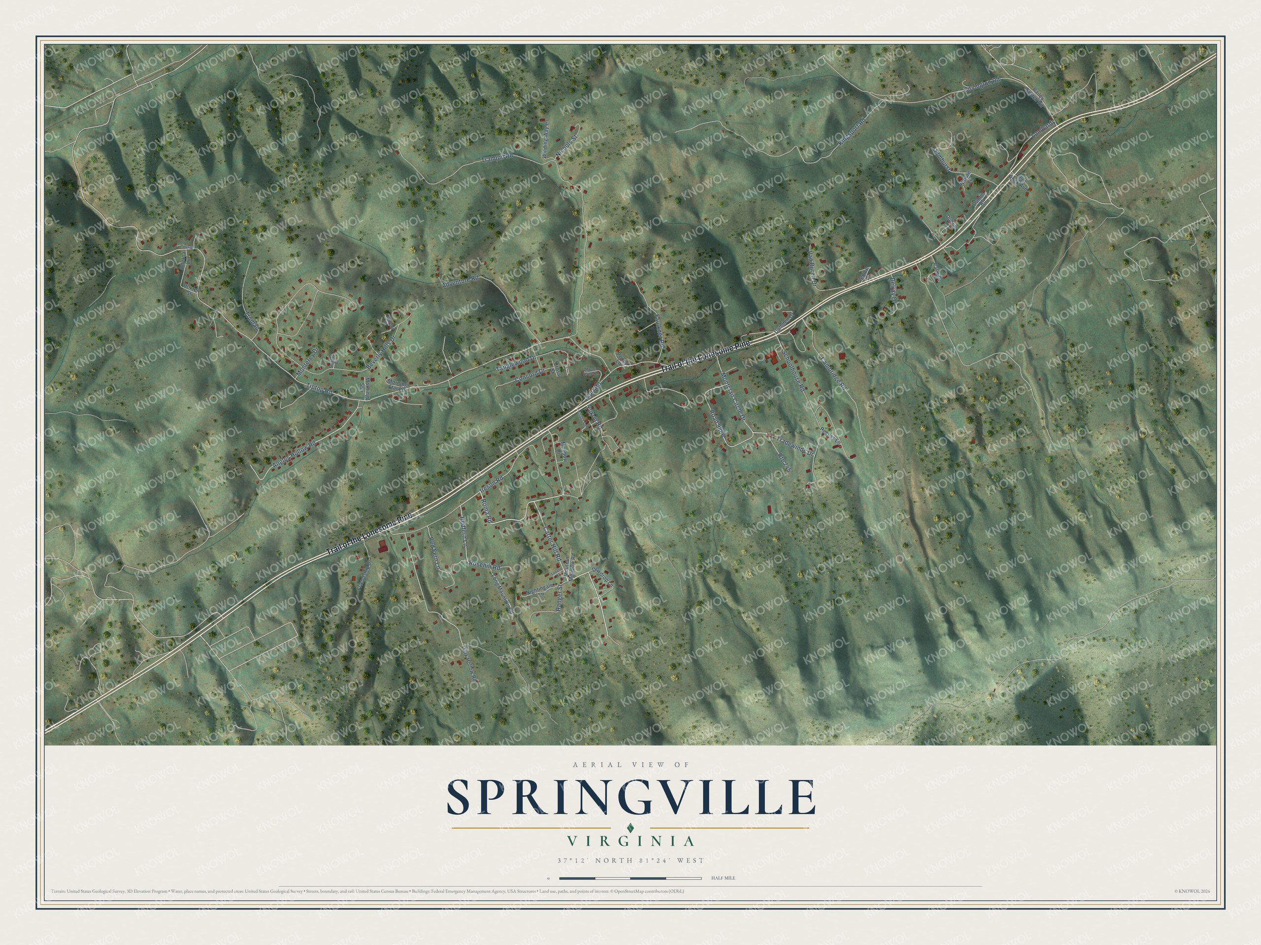 Full map of Springville, Virginia, with red buildings, printed street names and the land around them