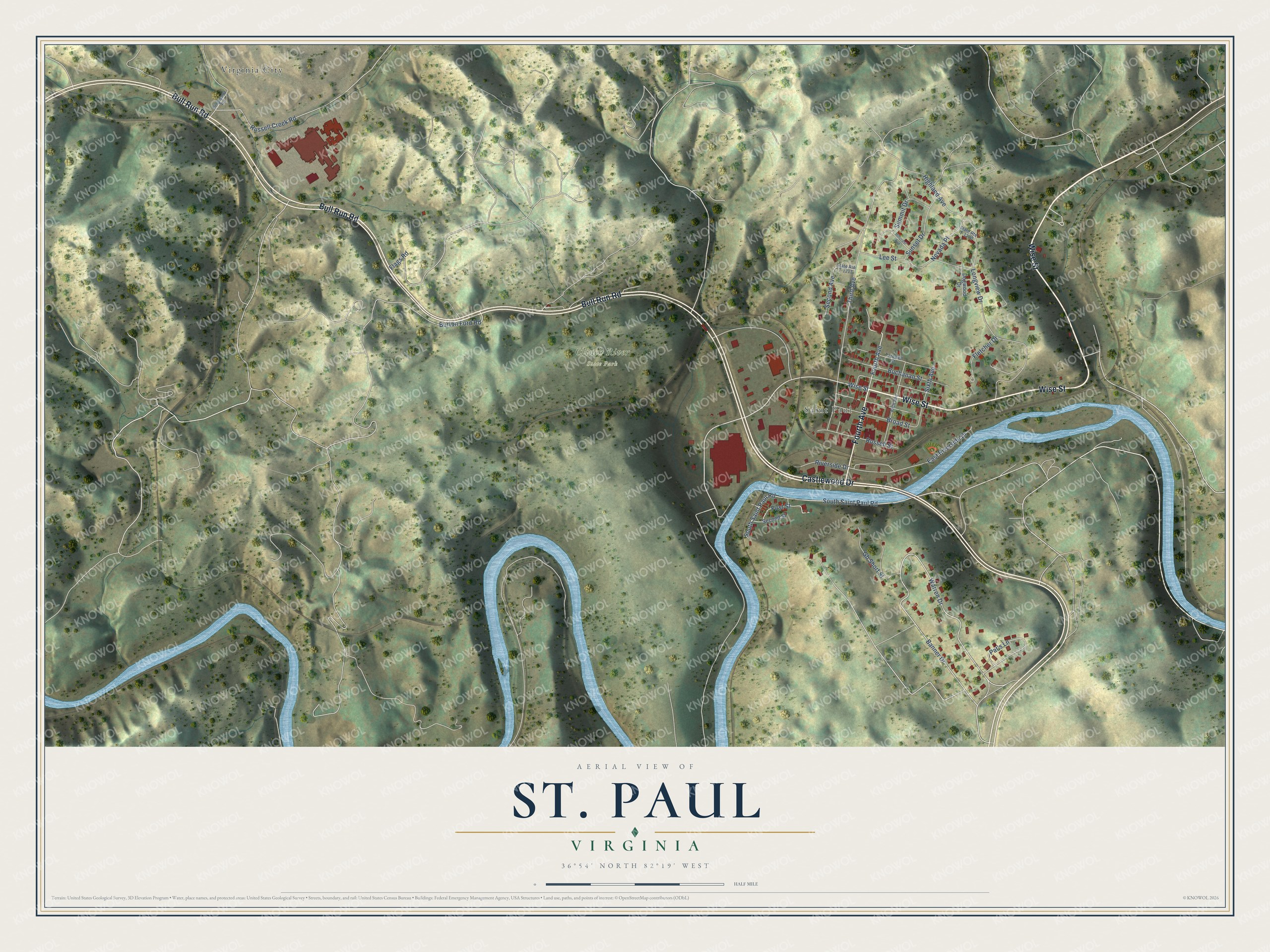 Full map of St. Paul, Virginia, with red buildings, printed street names and the land around them
