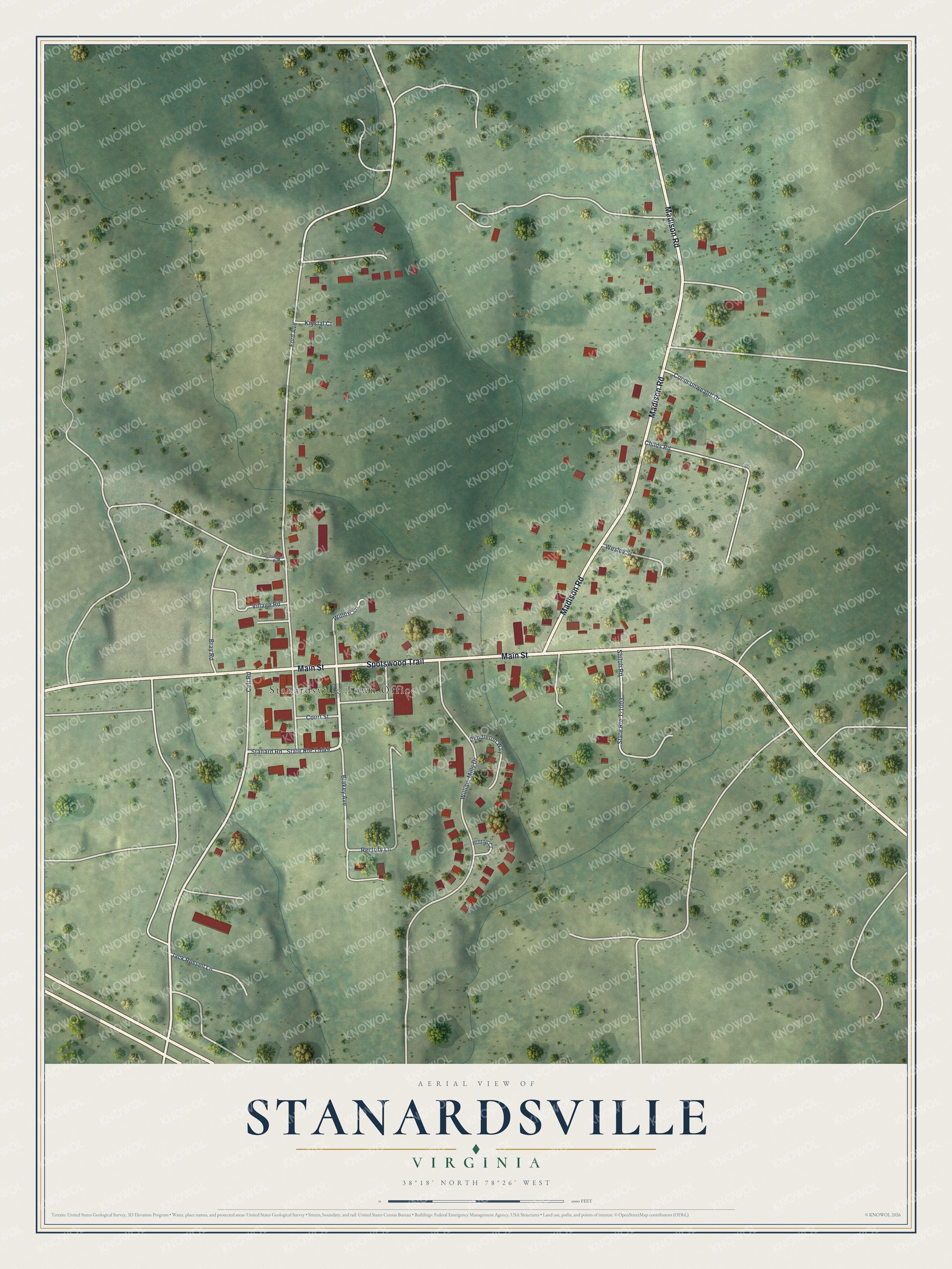 Full map of Stanardsville, Virginia, with red buildings, printed street names and the land around them