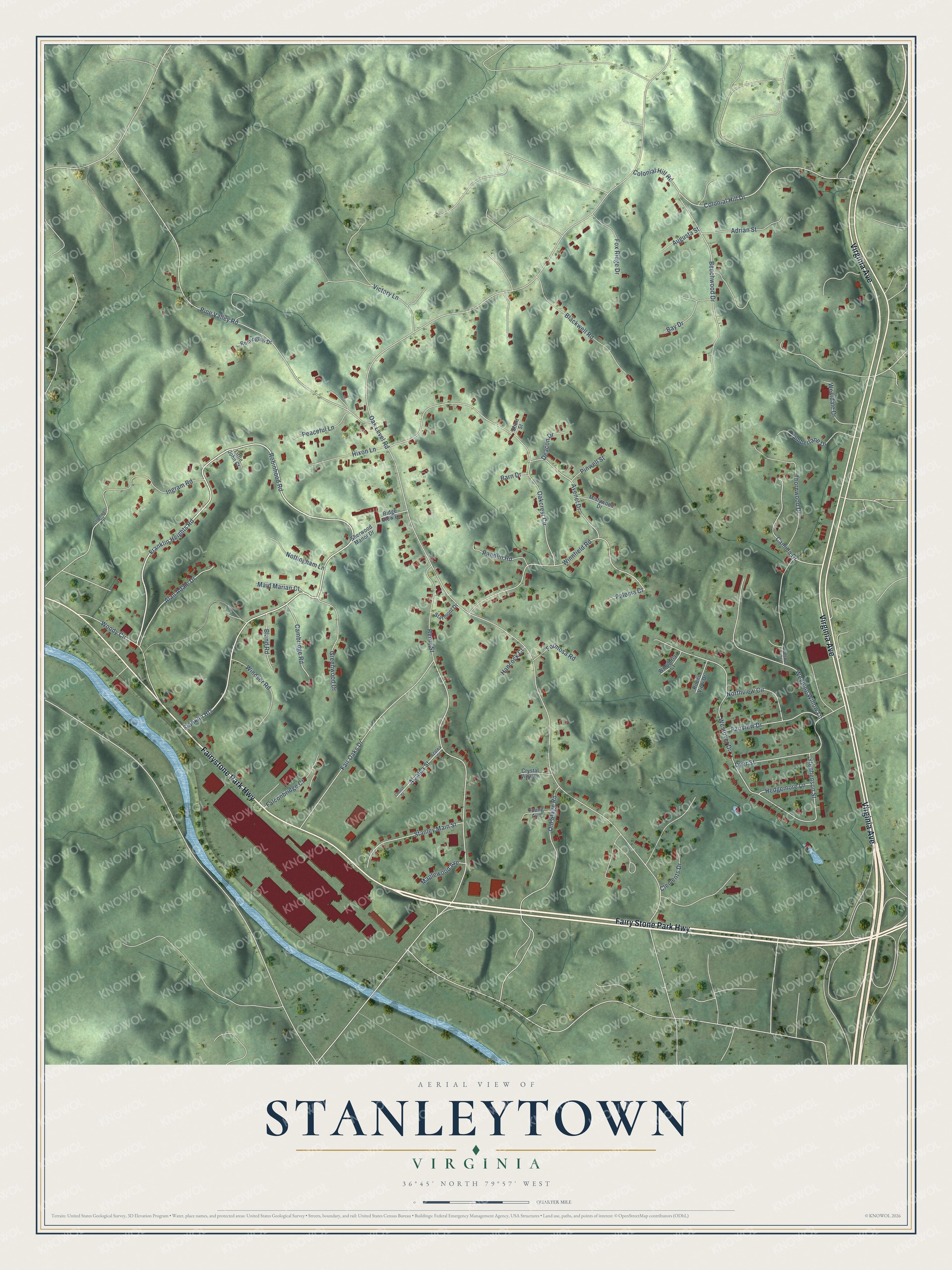 Full map of Stanleytown, Virginia, with red buildings, printed street names and the land around them