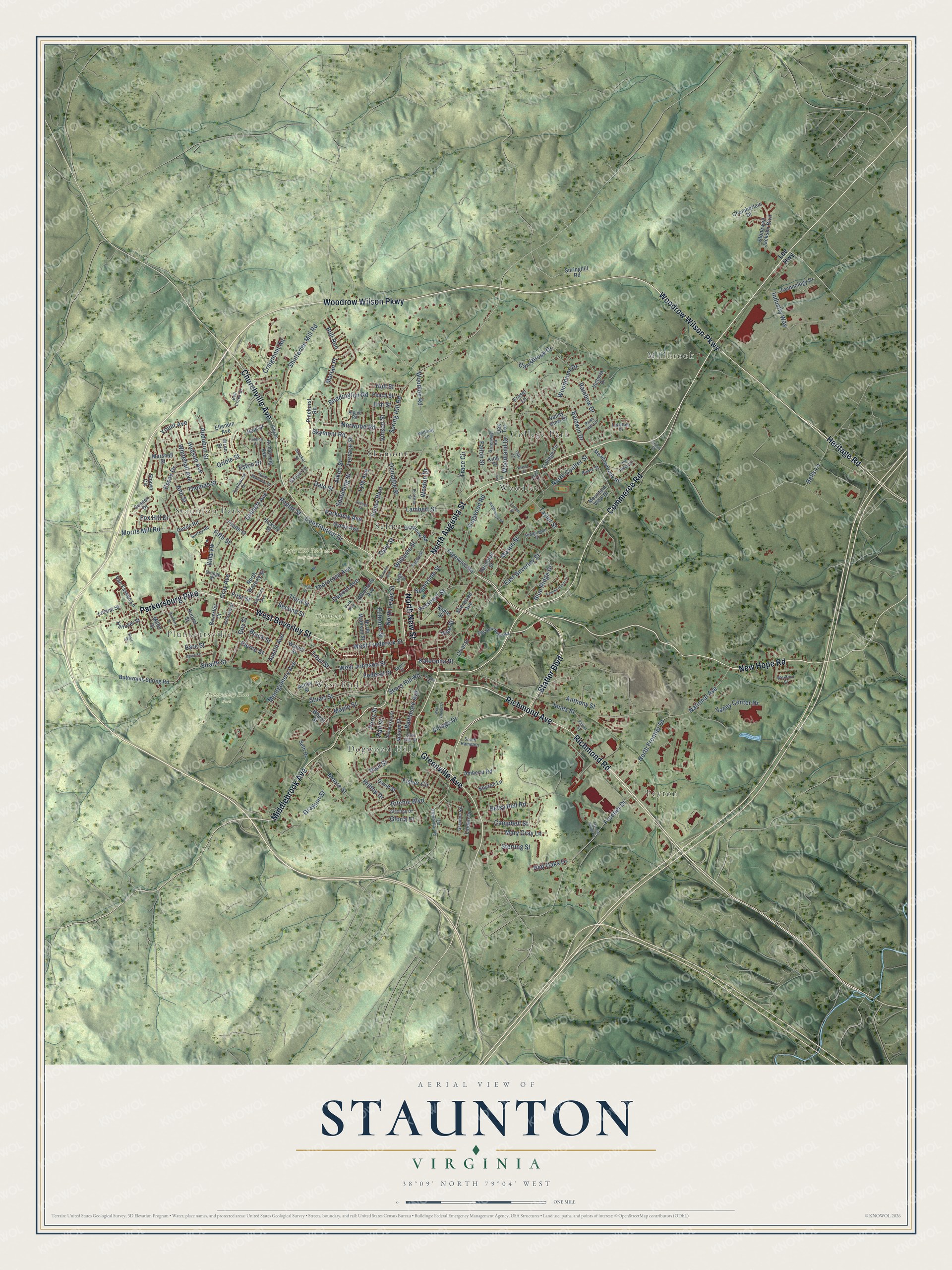 Full map of Staunton, Virginia, with red buildings, printed street names and the land around them