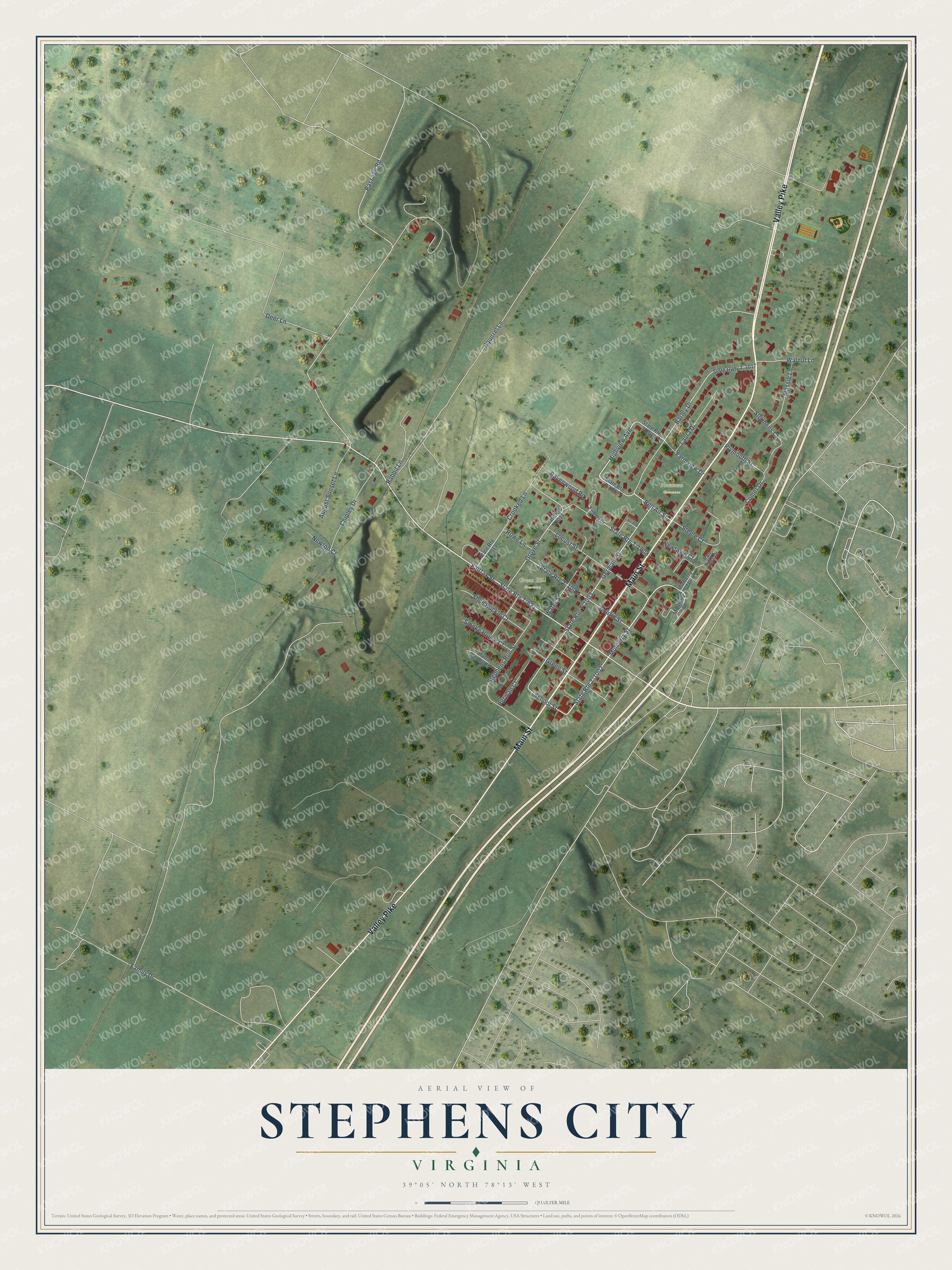 Full map of Stephens City, Virginia, with red buildings, printed street names and the land around them