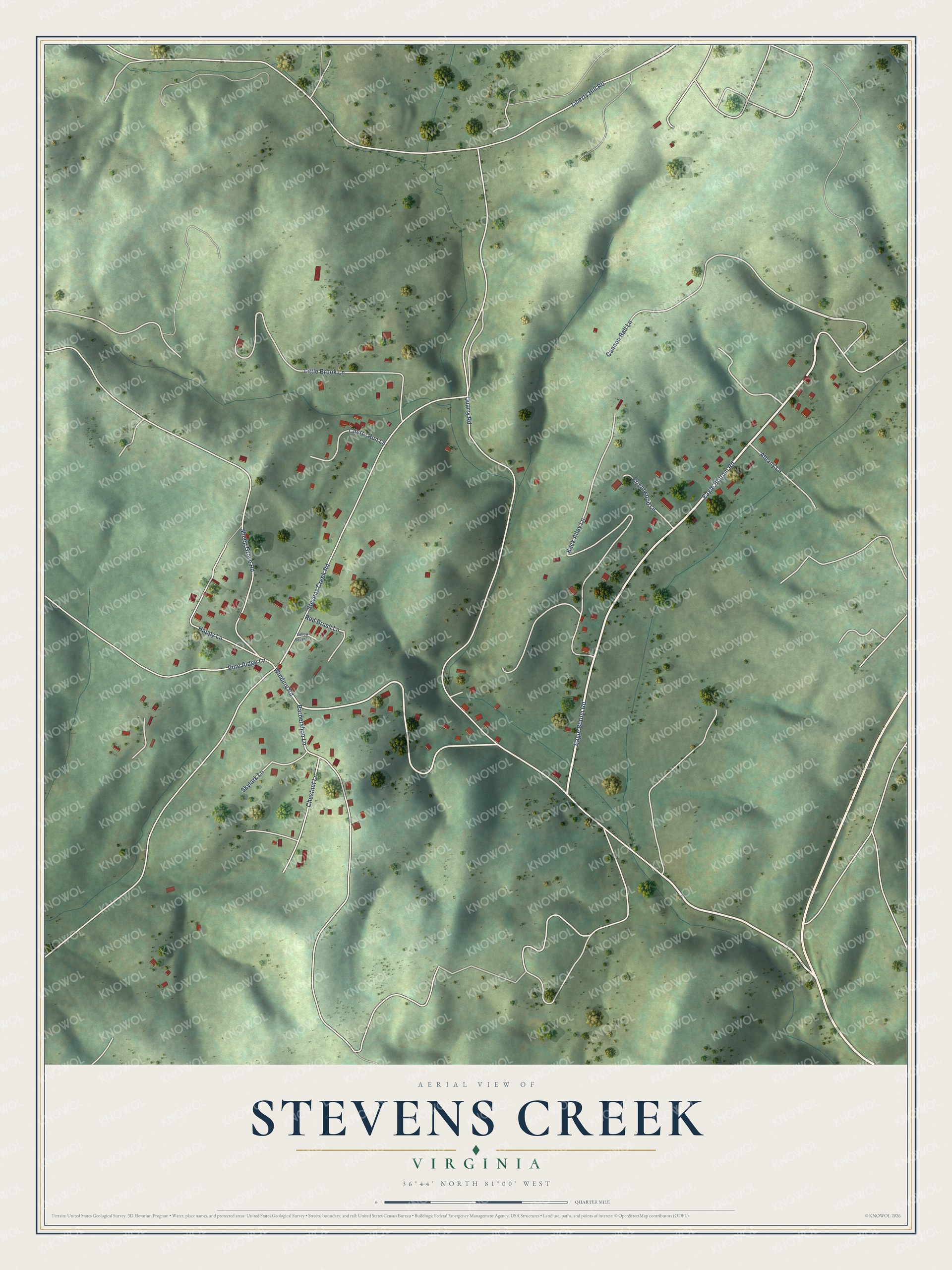 Full map of Stevens Creek, Virginia, with red buildings, printed street names and the land around them
