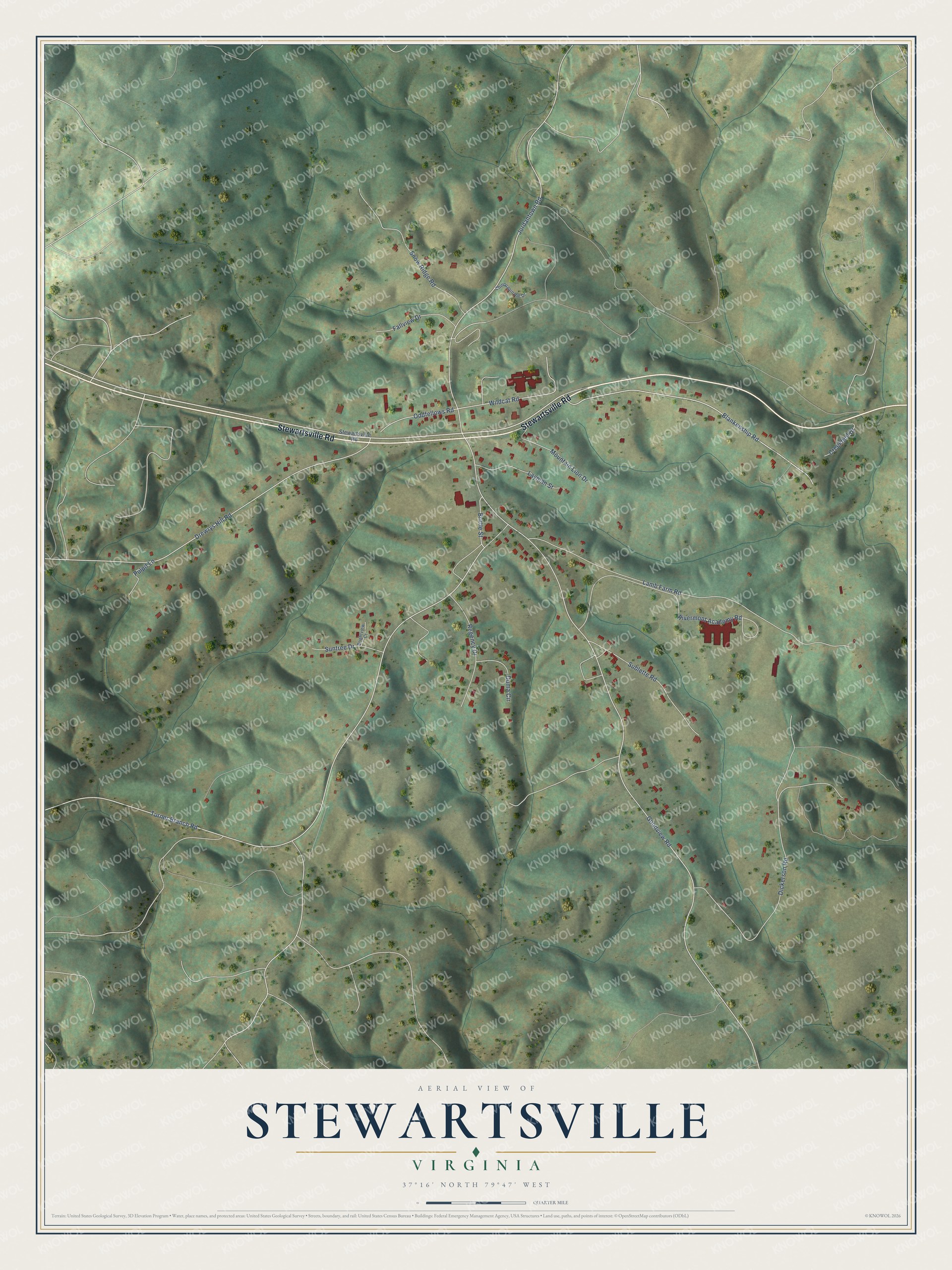 Full map of Stewartsville, Virginia, with red buildings, printed street names and the land around them