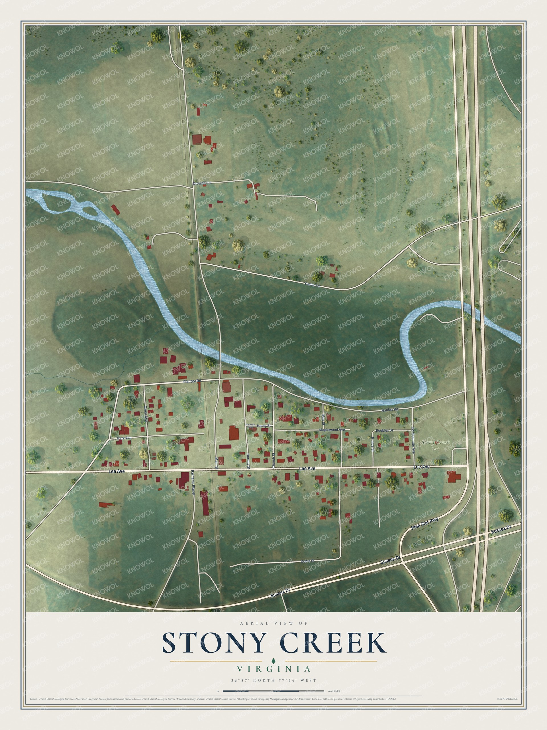 Full map of Stony Creek, Virginia, with red buildings, printed street names and the land around them