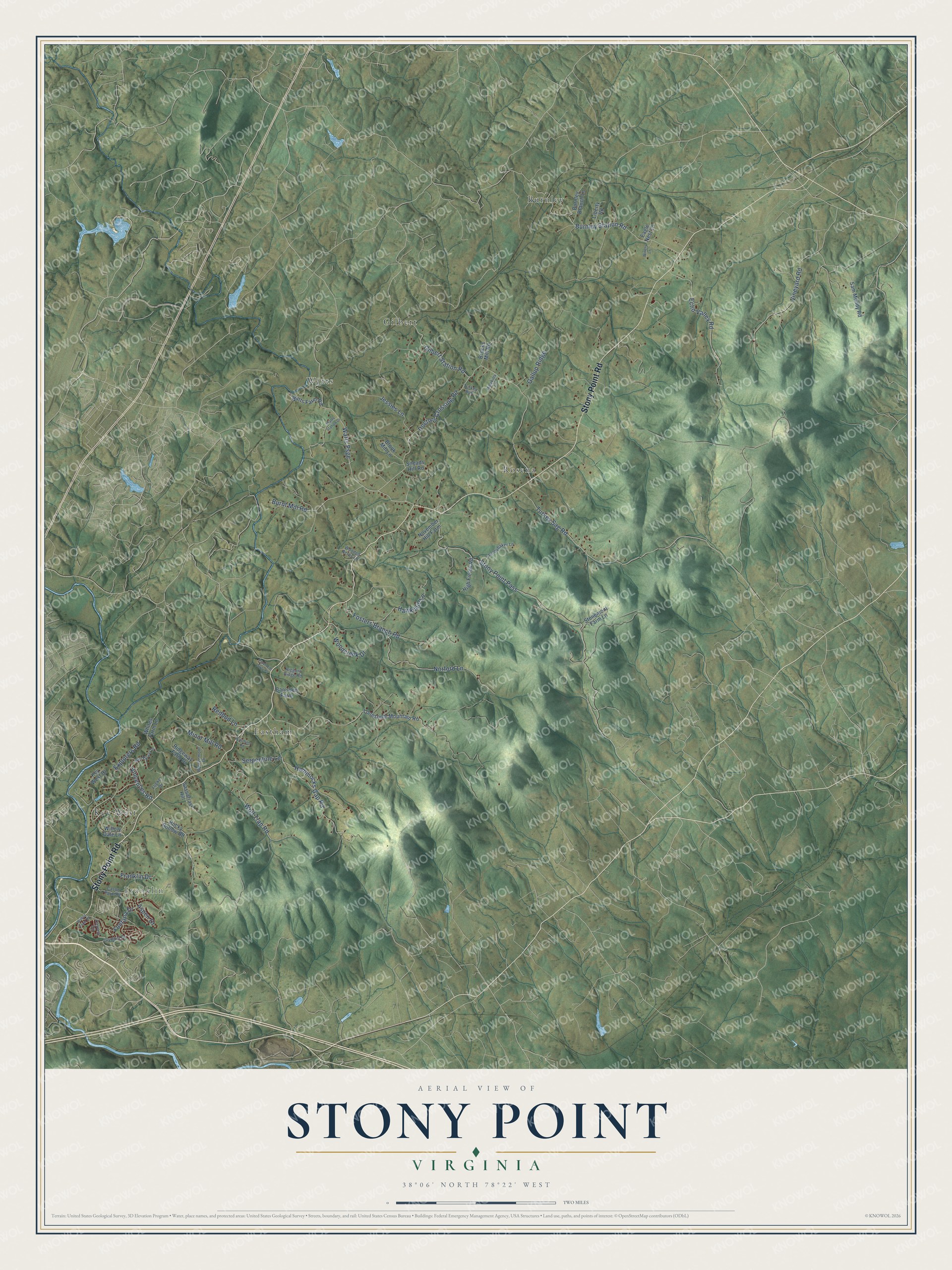 Full map of Stony Point, Virginia, with red buildings, printed street names and the land around them