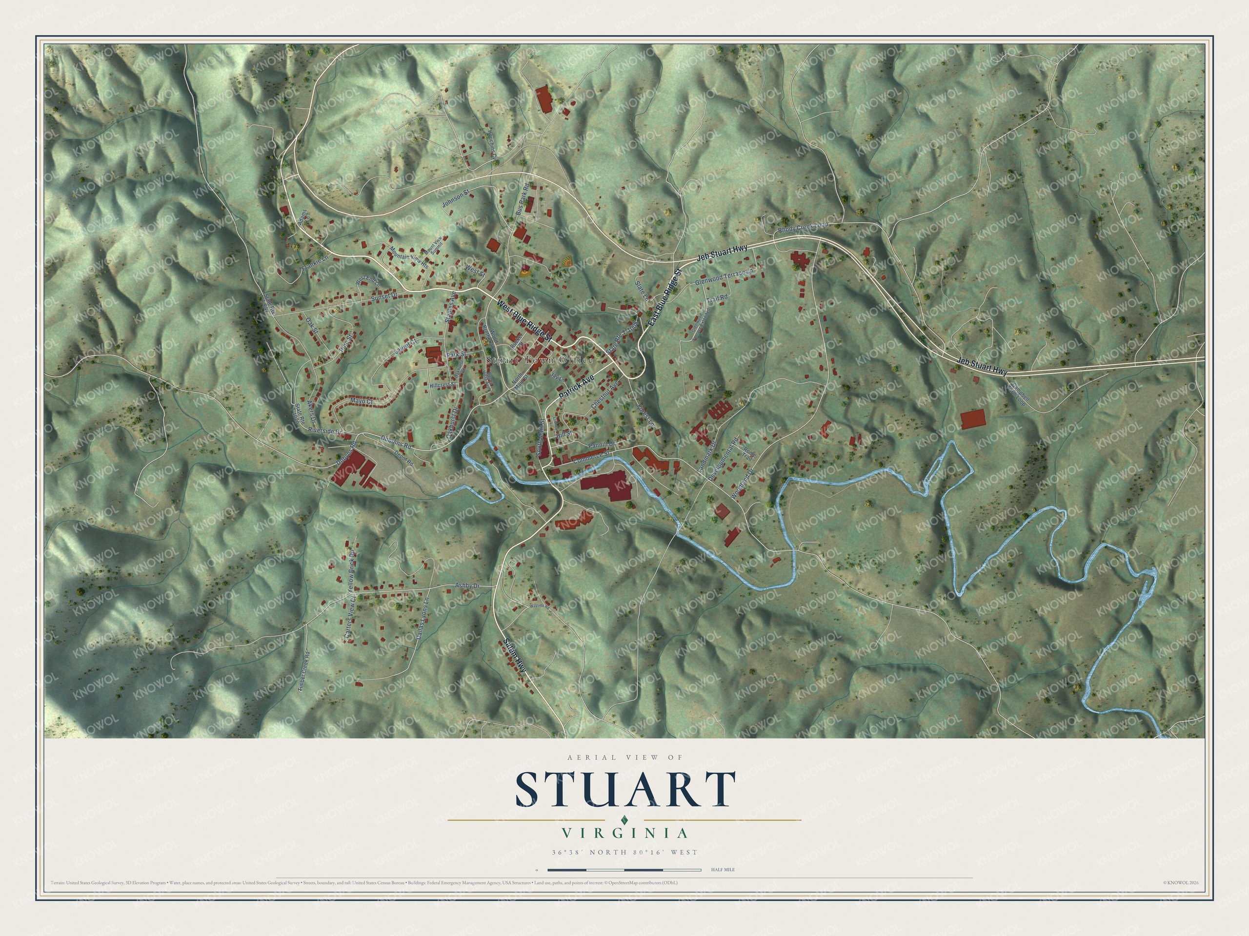 Full map of Stuart, Virginia, with red buildings, printed street names and the land around them