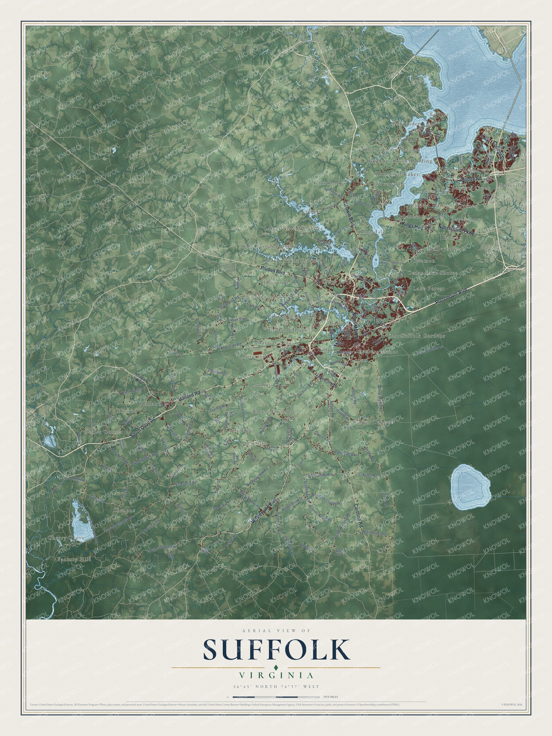 Full map of Suffolk, Virginia, with red buildings, printed street names and the land around them