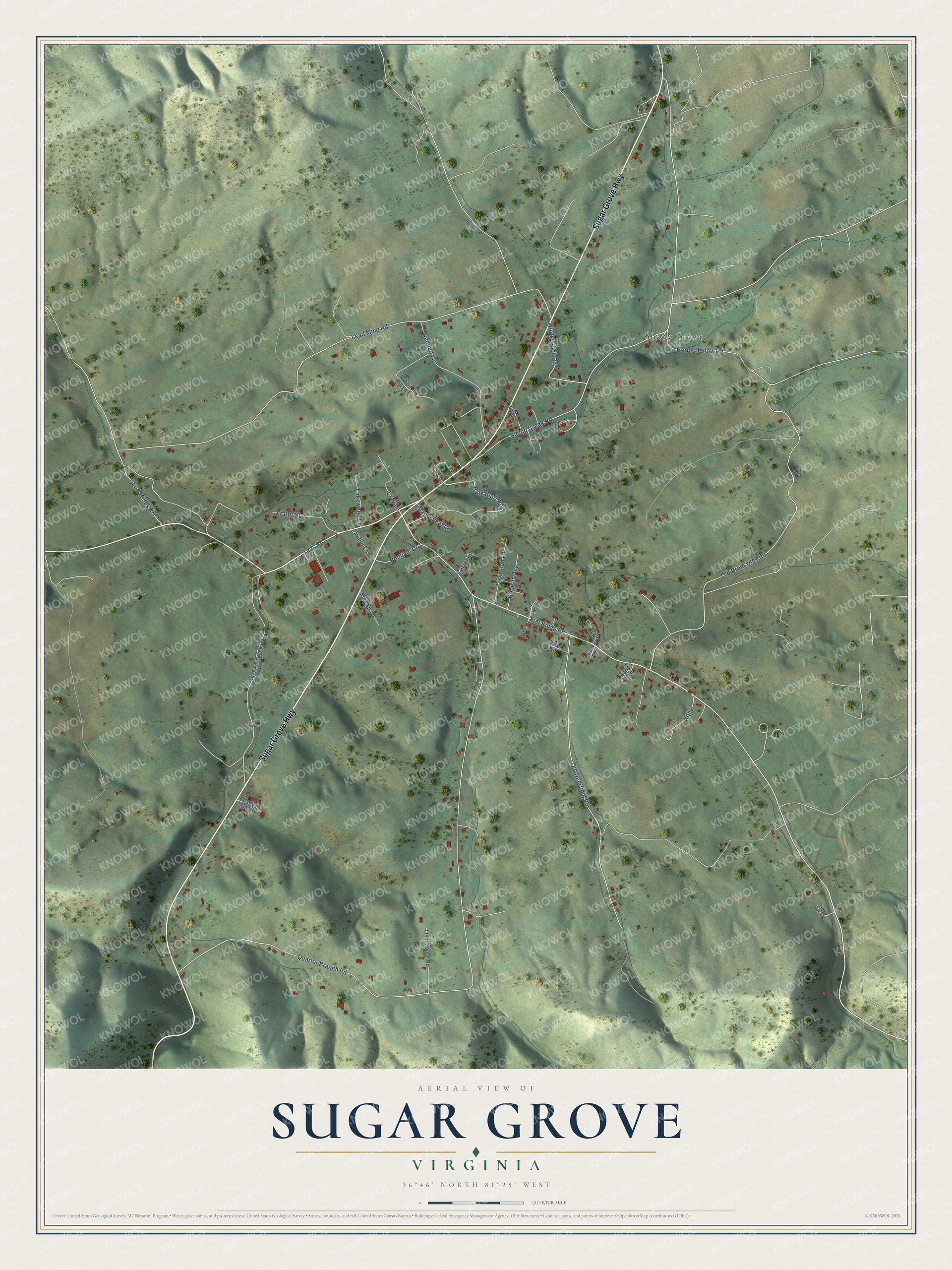 Full map of Sugar Grove, Virginia, with red buildings, printed street names and the land around them