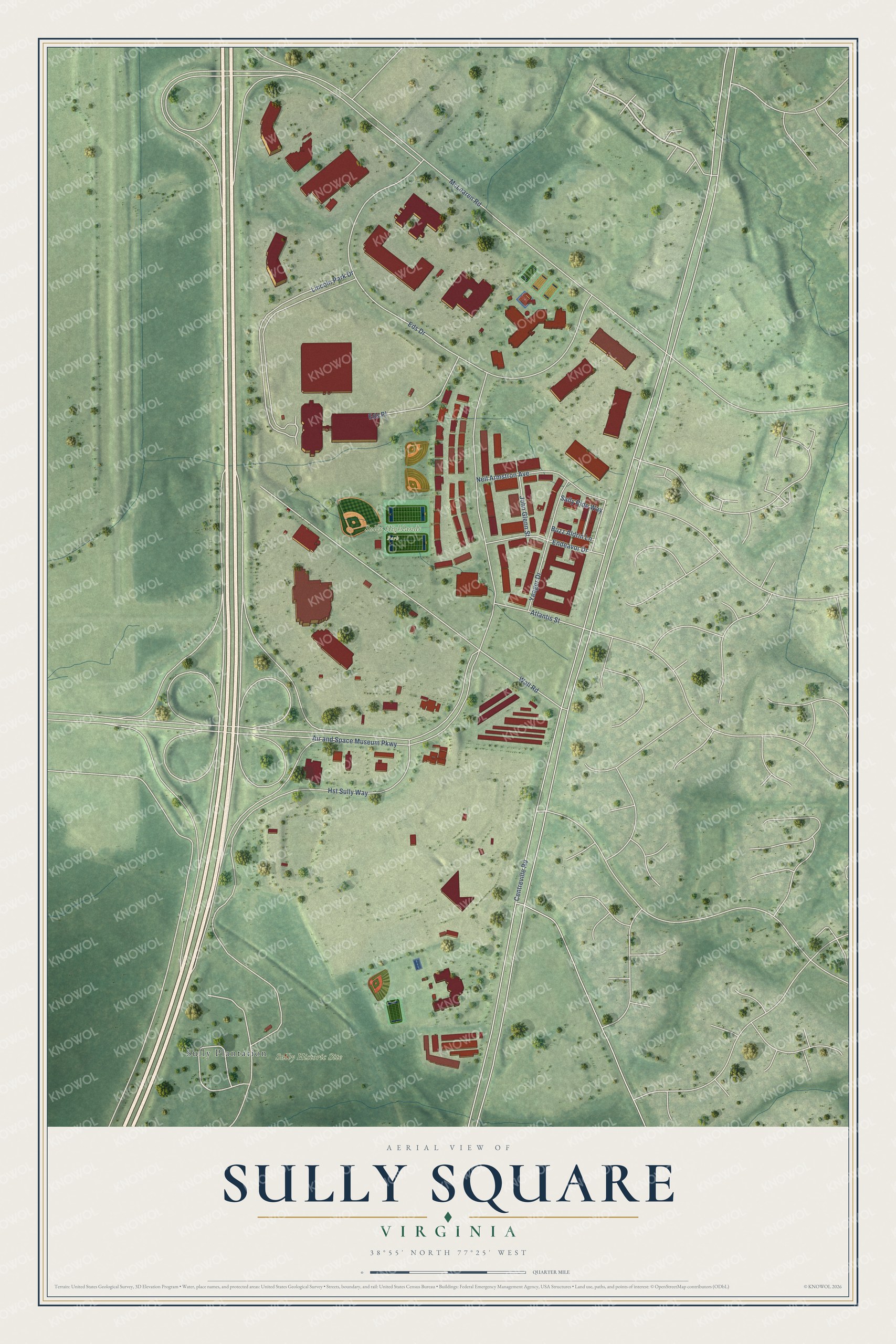 Full map of Sully Square, Virginia, with red buildings, printed street names and the land around them