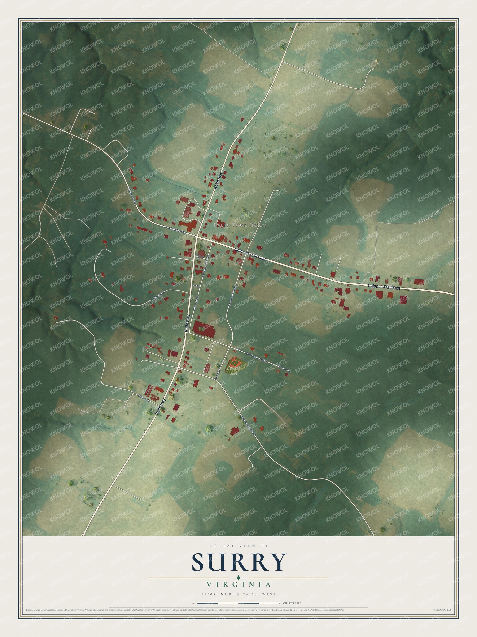 Full map of Surry, Virginia, with red buildings, printed street names and the land around them