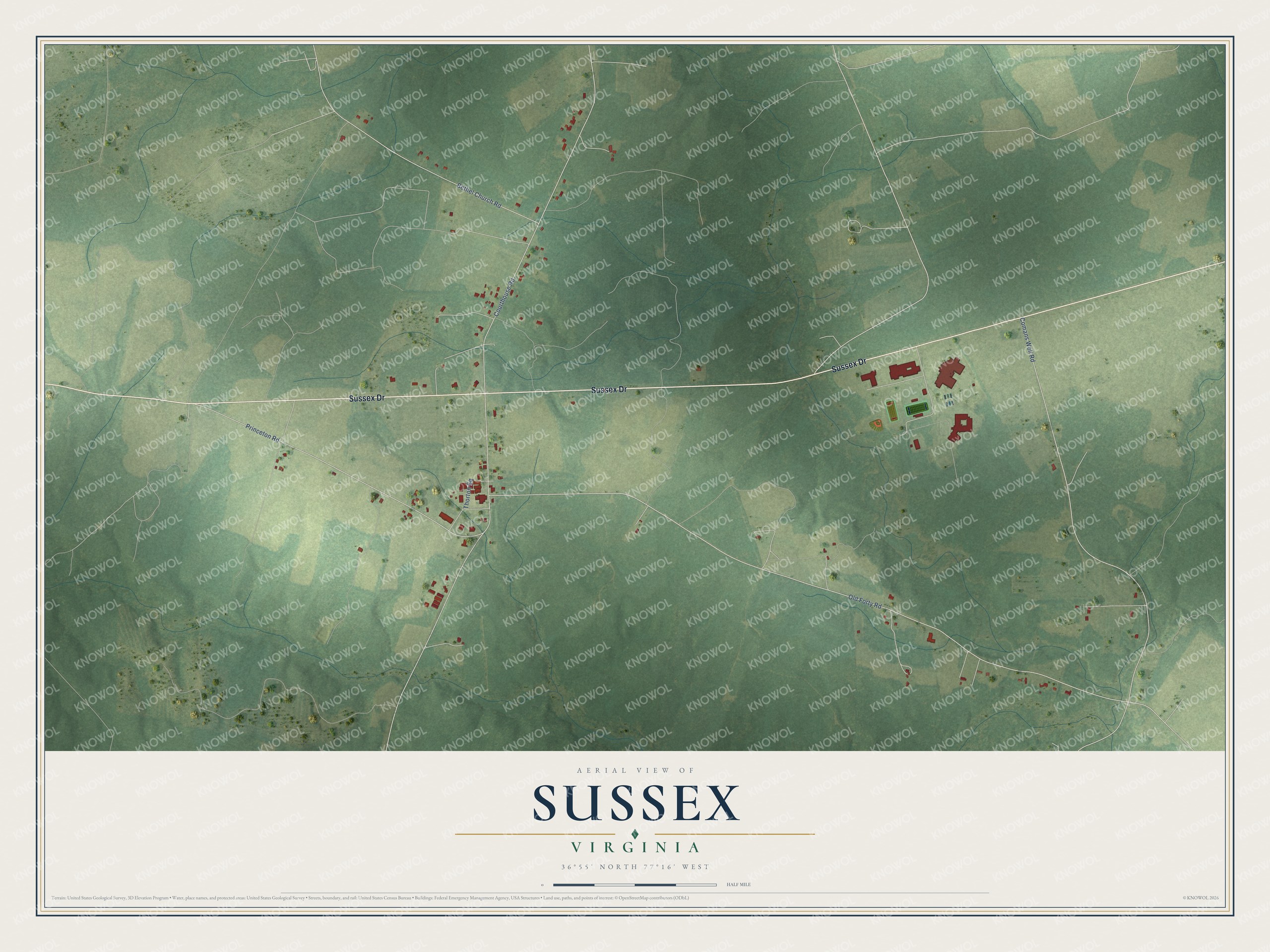 Full map of Sussex, Virginia, with red buildings, printed street names and the land around them