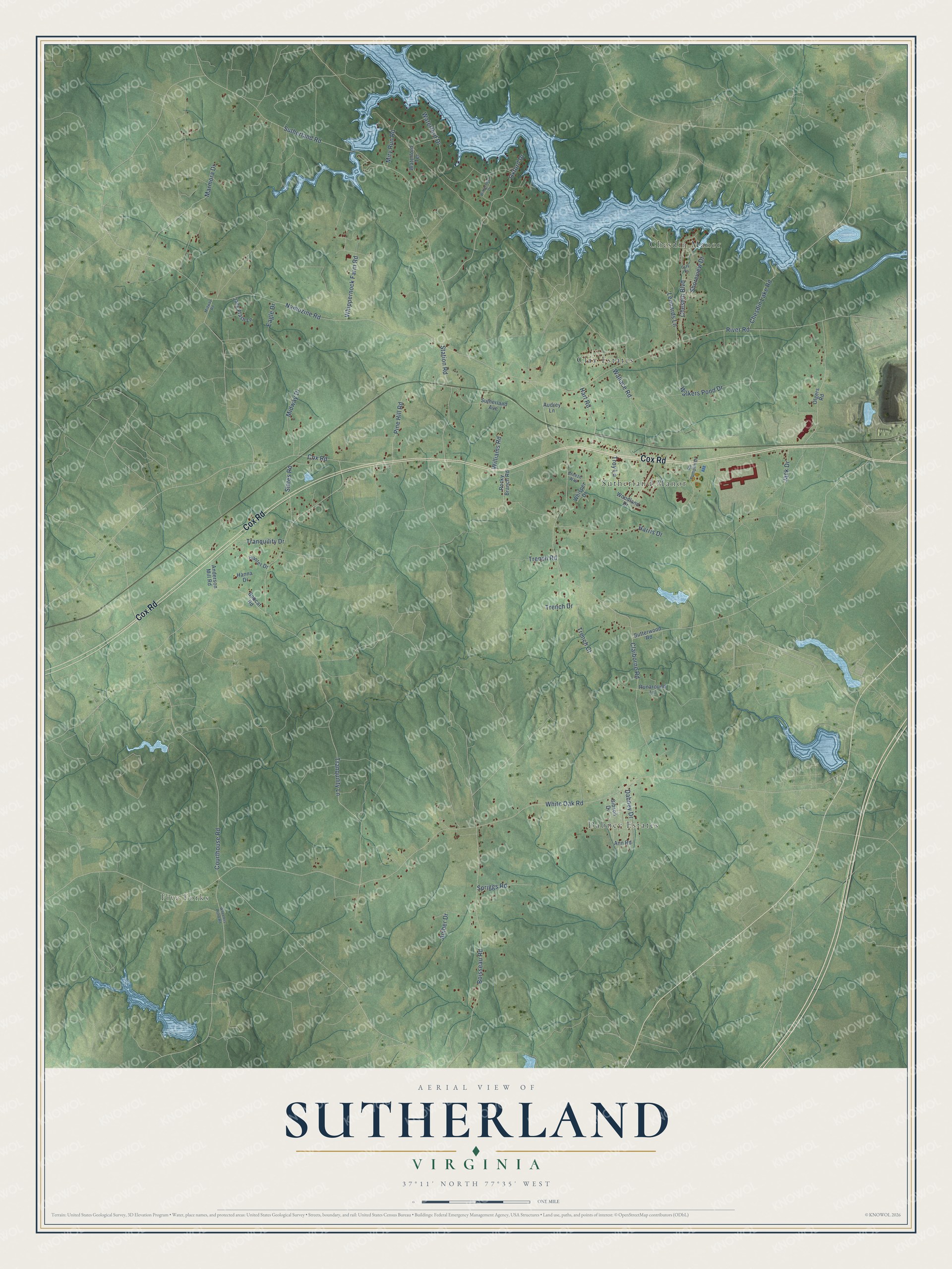 Full map of Sutherland, Virginia, with red buildings, printed street names and the land around them