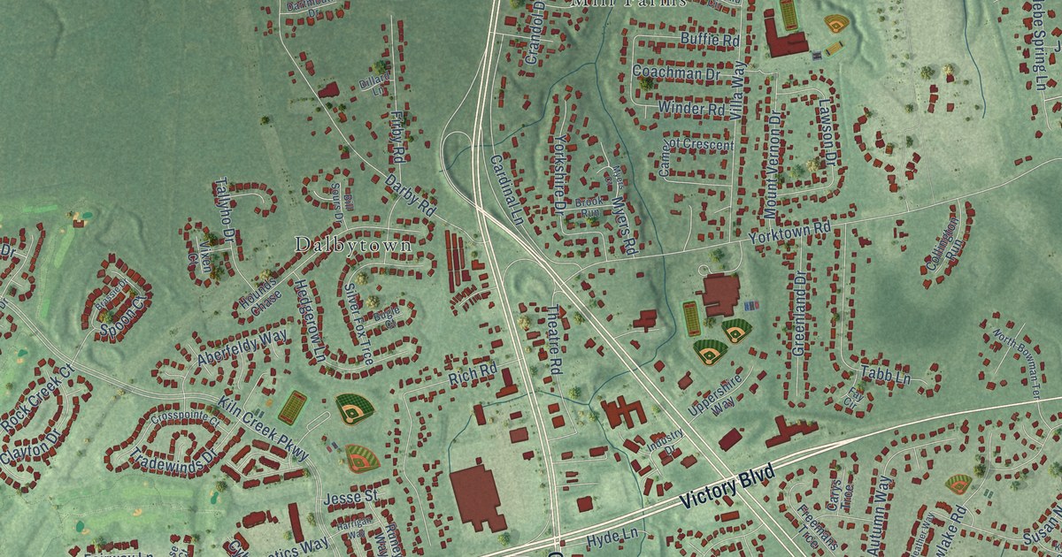Close-up of streets and buildings in Tabb, Virginia