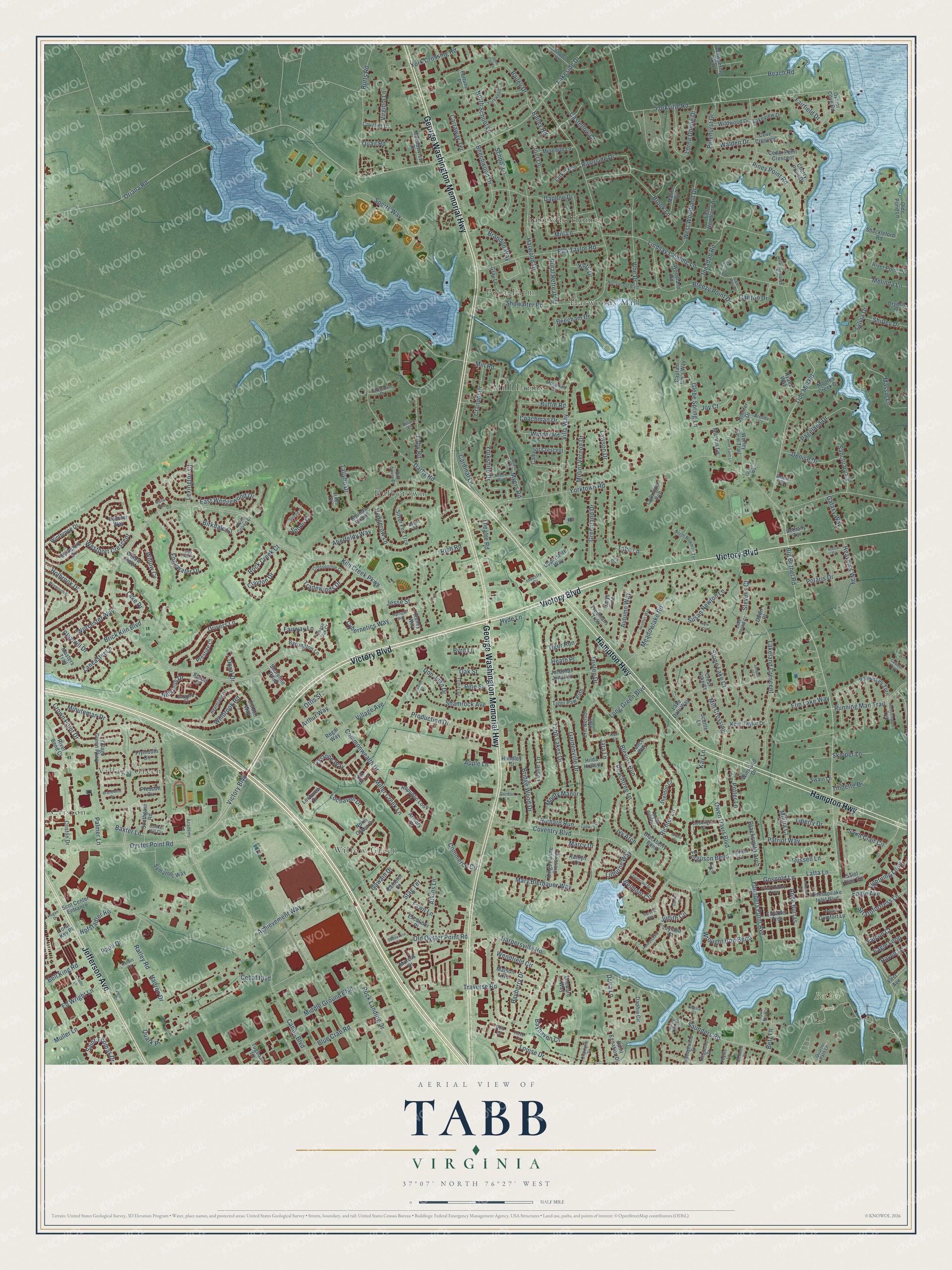 Full map of Tabb, Virginia, with red buildings, printed street names and the land around them