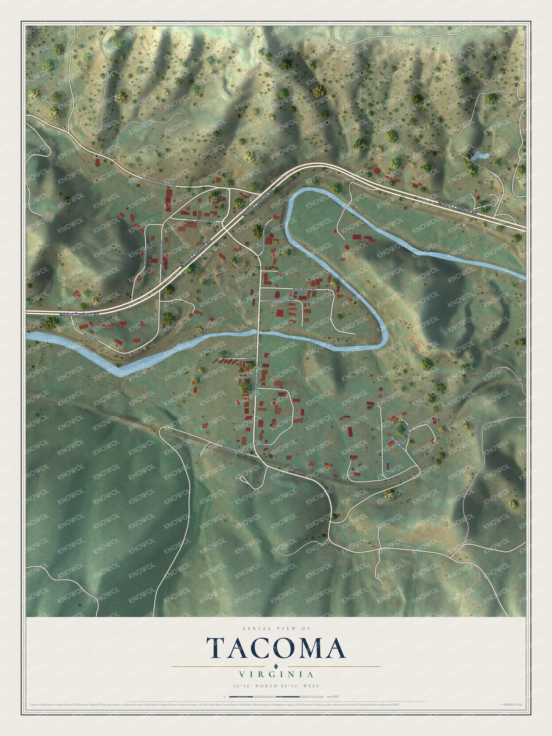 Full map of Tacoma, Virginia, with red buildings, printed street names and the land around them