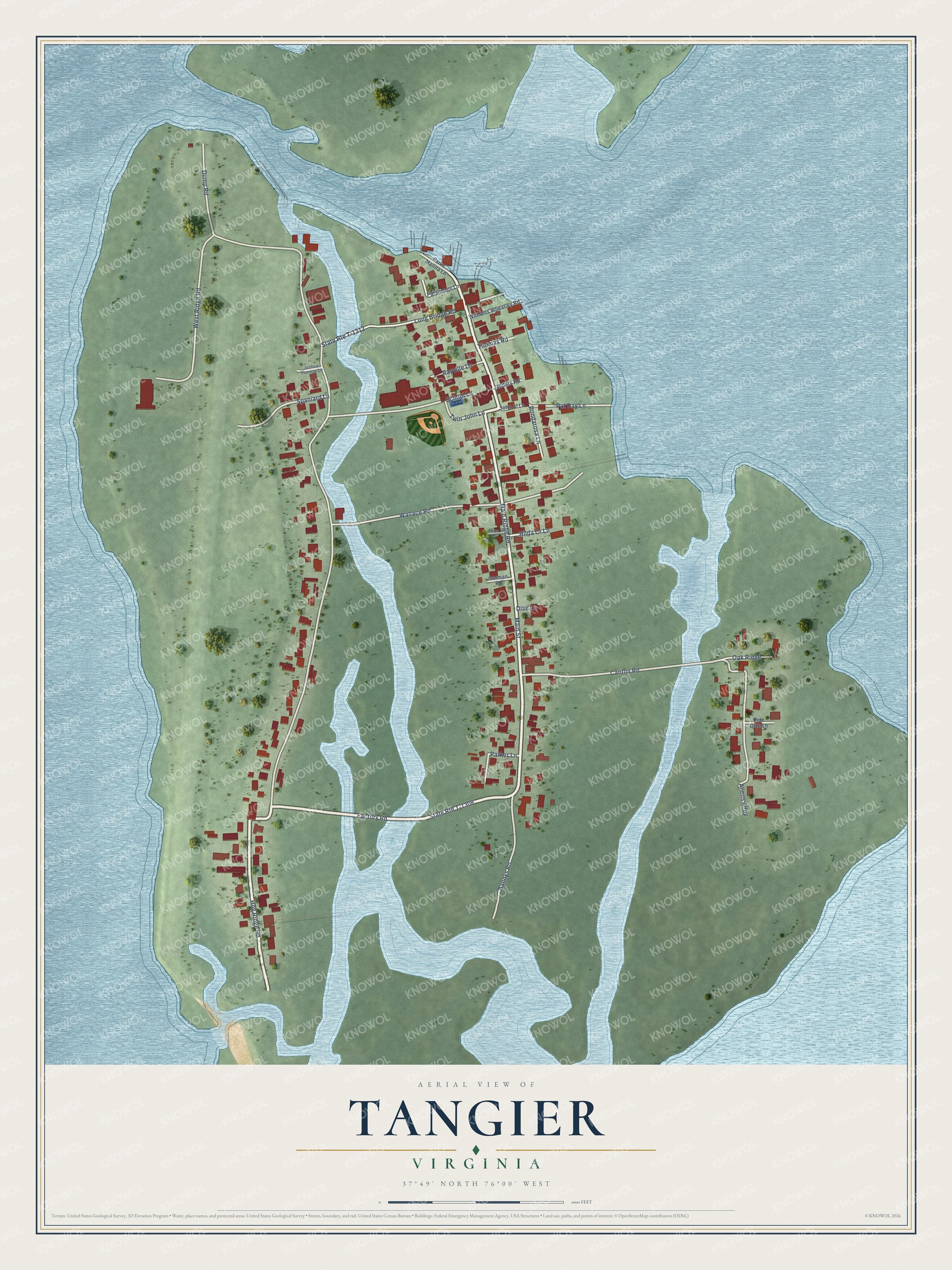 Full map of Tangier, Virginia, with red buildings, printed street names and the land around them