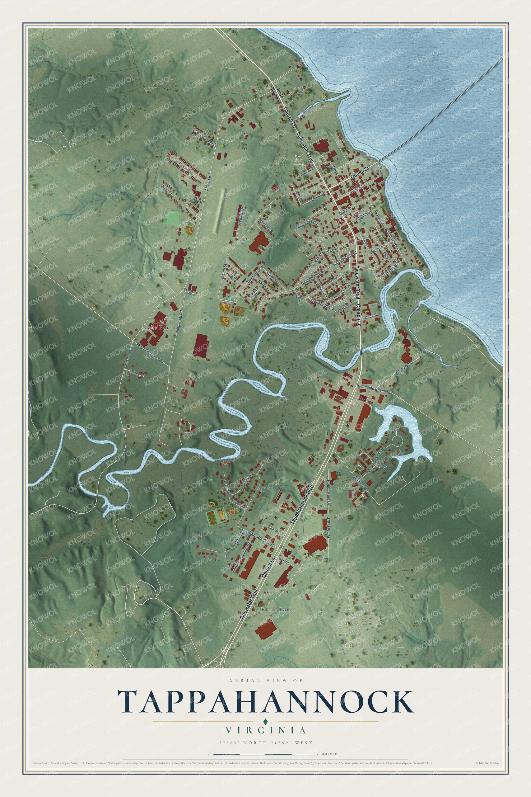 Full map of Tappahannock, Virginia, with red buildings, printed street names and the land around them