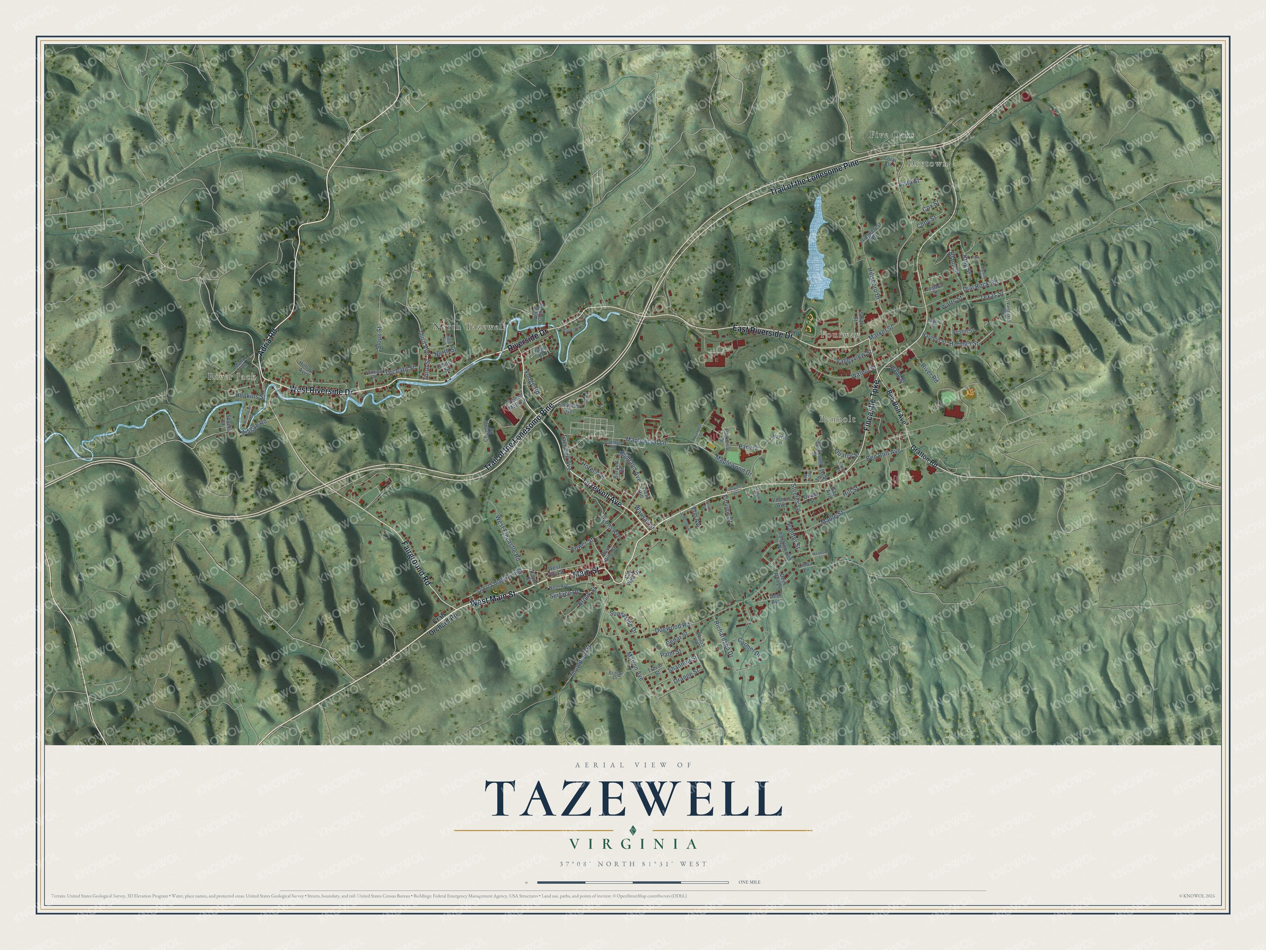 Full map of Tazewell, Virginia, with red buildings, printed street names and the land around them