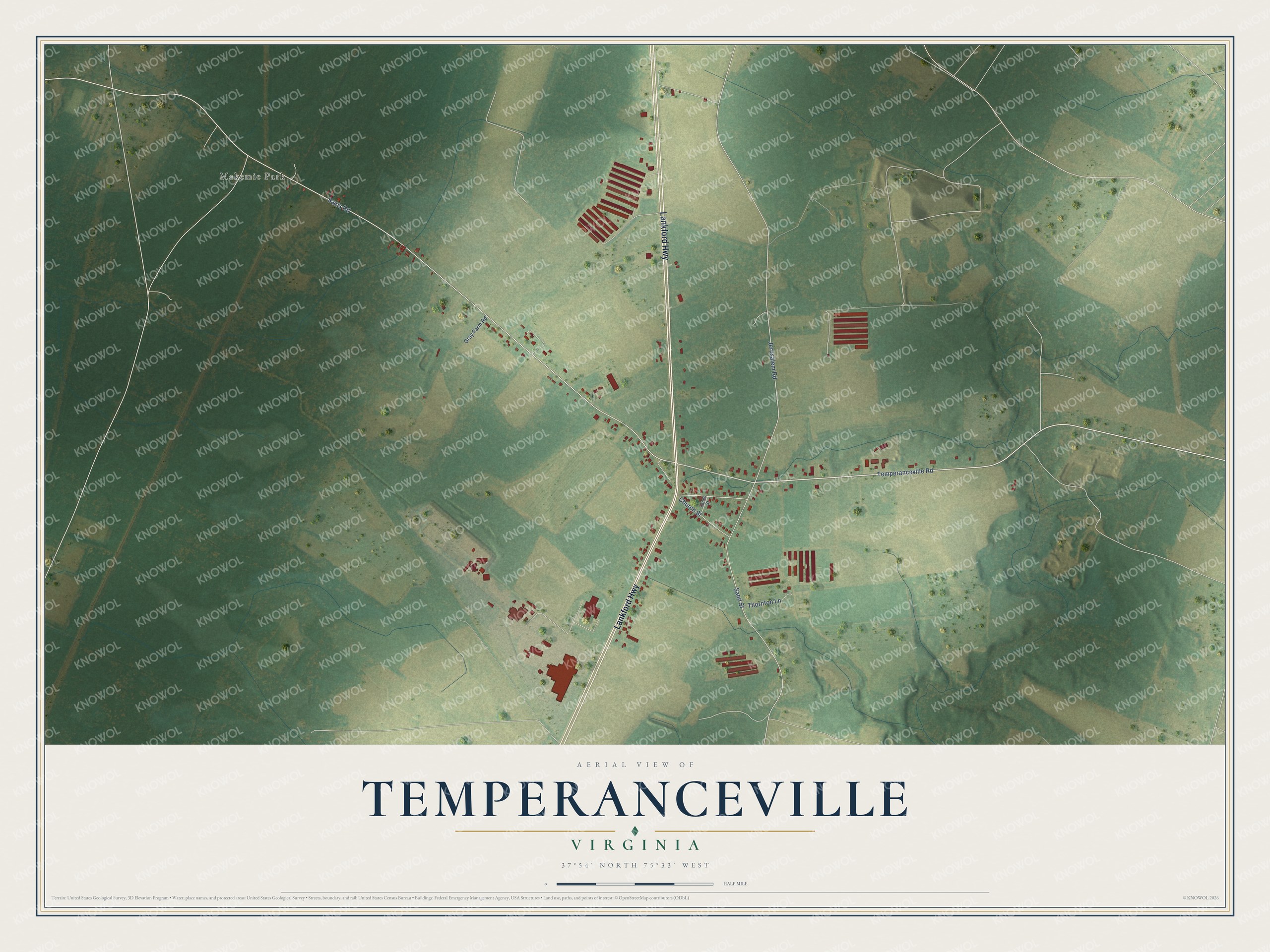 Full map of Temperanceville, Virginia, with red buildings, printed street names and the land around them
