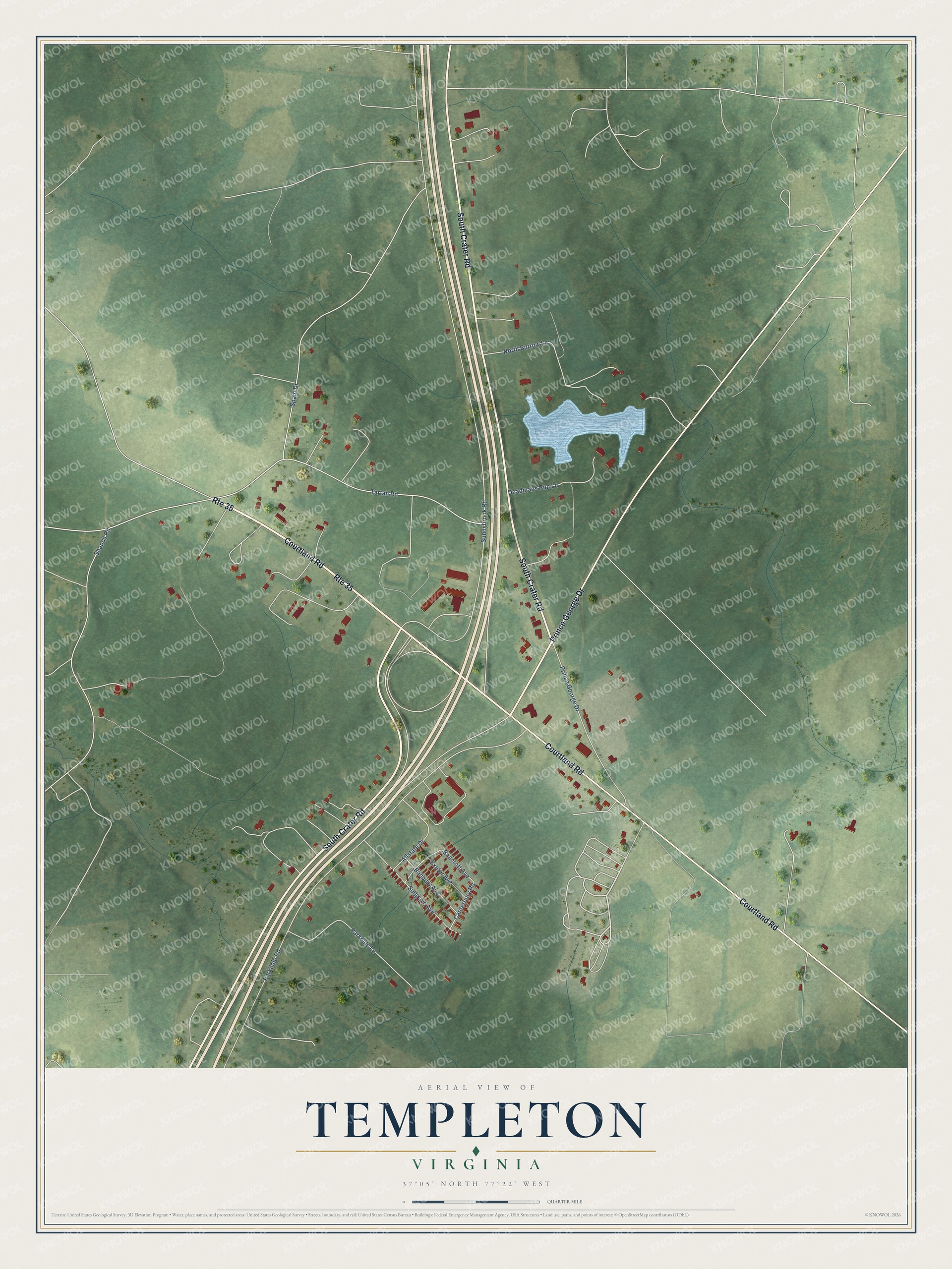 Full map of Templeton, Virginia, with red buildings, printed street names and the land around them