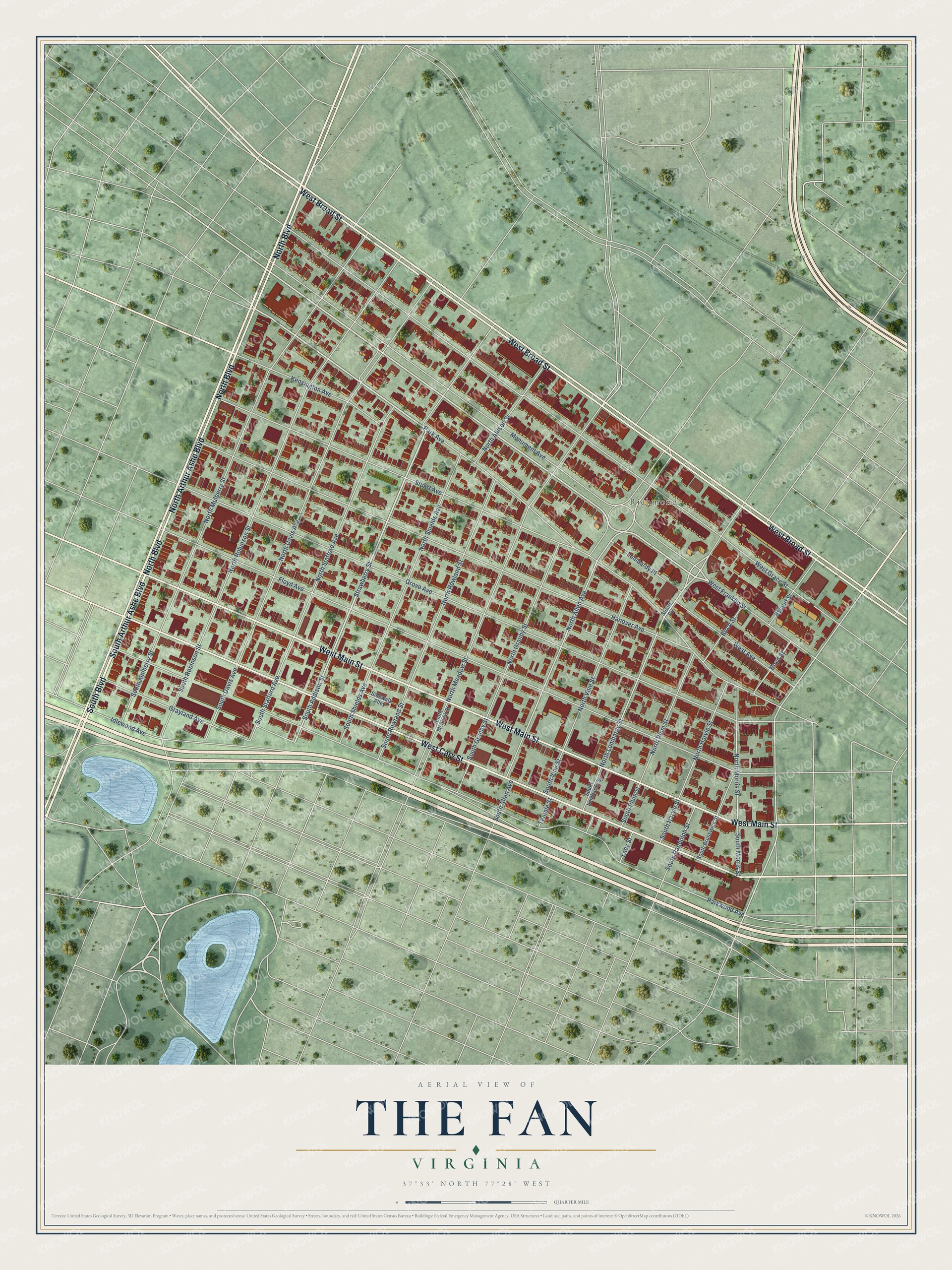 Full map of The Fan, Virginia, with red buildings, printed street names and the land around them