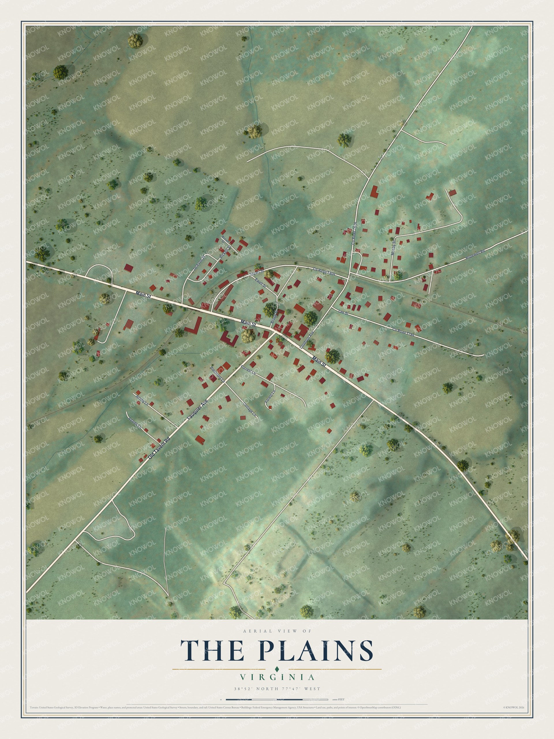 Full map of The Plains, Virginia, with red buildings, printed street names and the land around them
