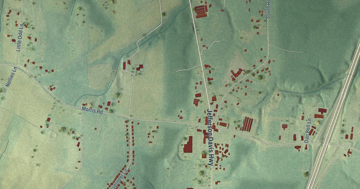 Close-up of streets and buildings in Thornburg, Virginia