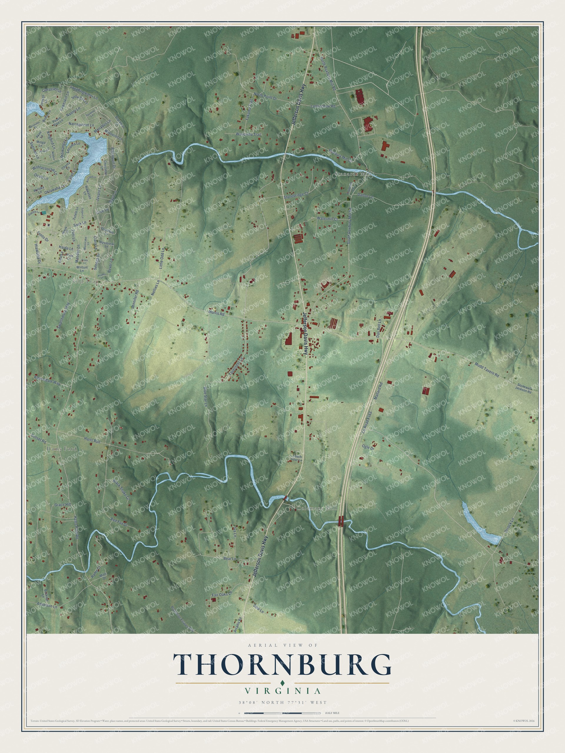 Full map of Thornburg, Virginia, with red buildings, printed street names and the land around them